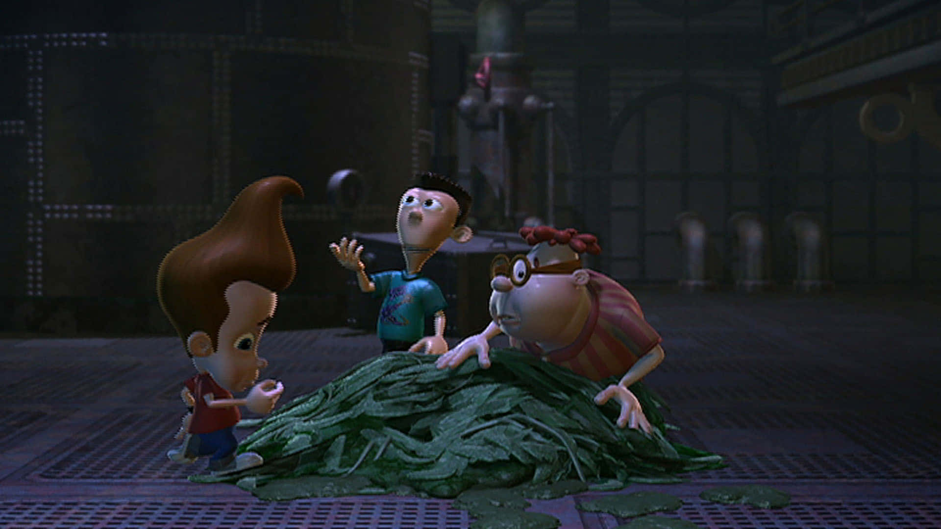 Jimmy Neutron Boy Genius, green slime, dim industrial setting, Full HD Desktop Wallpaper