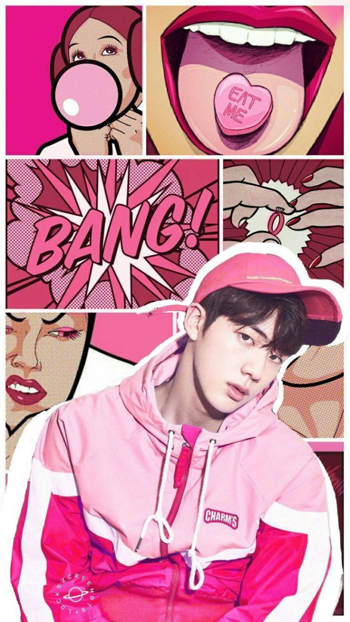 Jin BTS, pink, comic-style collage, SD Phone Wallpaper