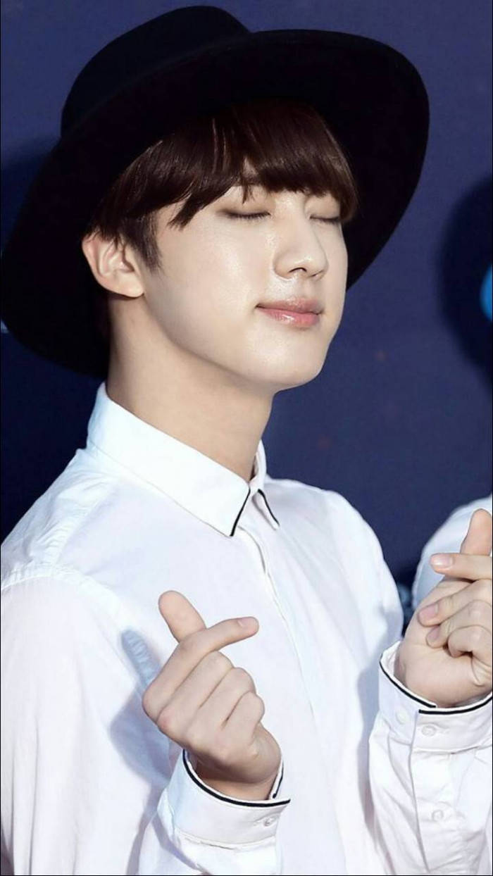 Jin BTS, Cute Finger Heart, black hat, SD Phone Wallpaper