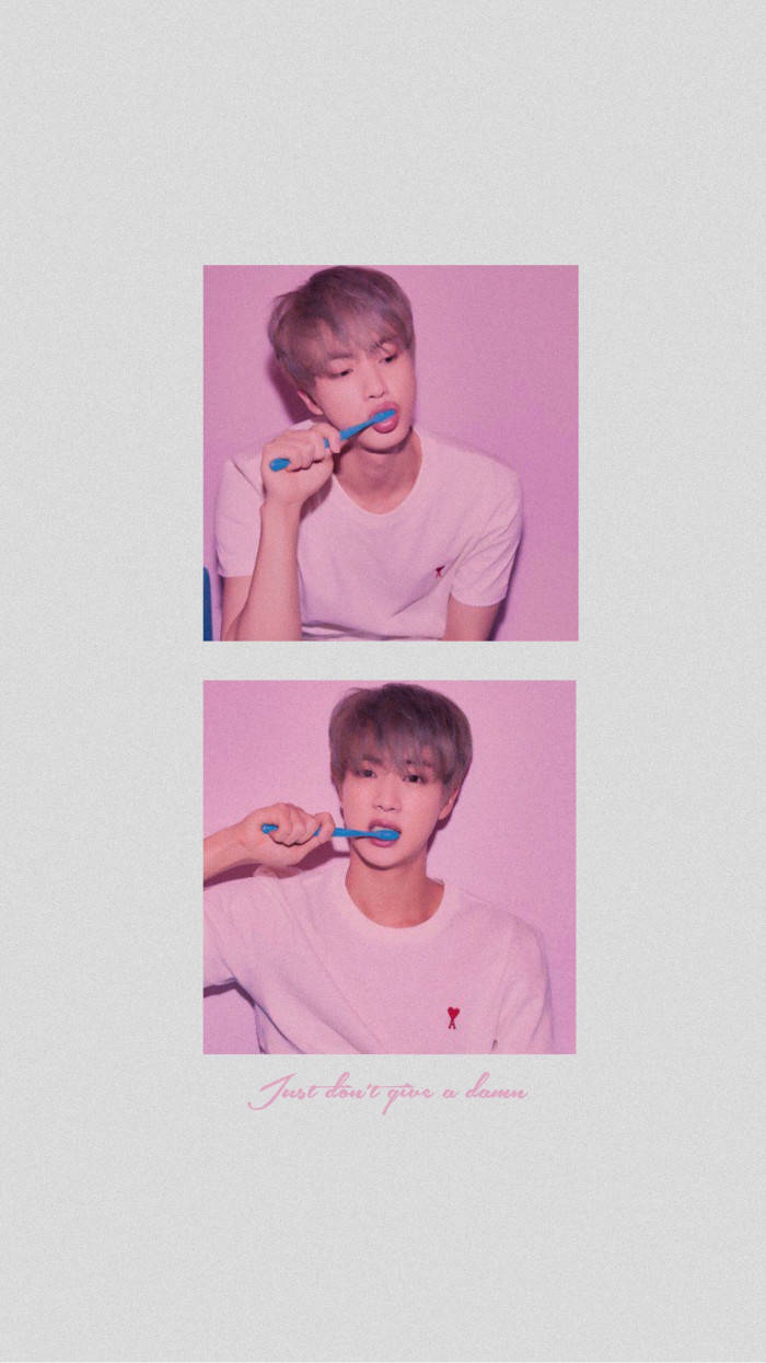 Jin BTS, blue toothbrush, soft pink background, SD Phone Wallpaper