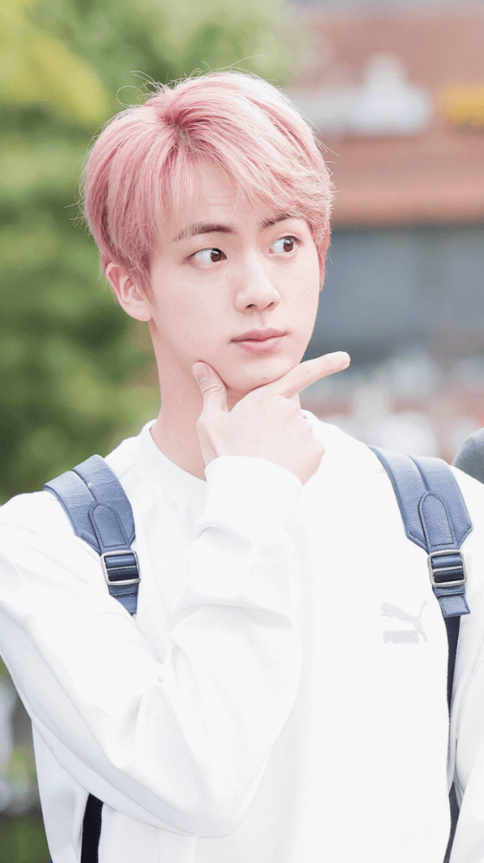 Jin BTS, pink hair, white Puma sweatshirt, SD Phone Wallpaper
