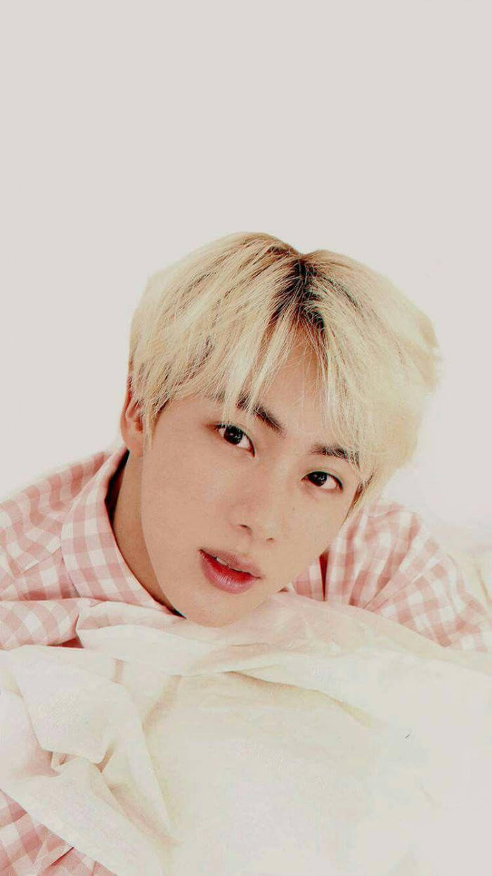 Jin BTS, platinum blonde hair, white pillow, SD Phone Wallpaper