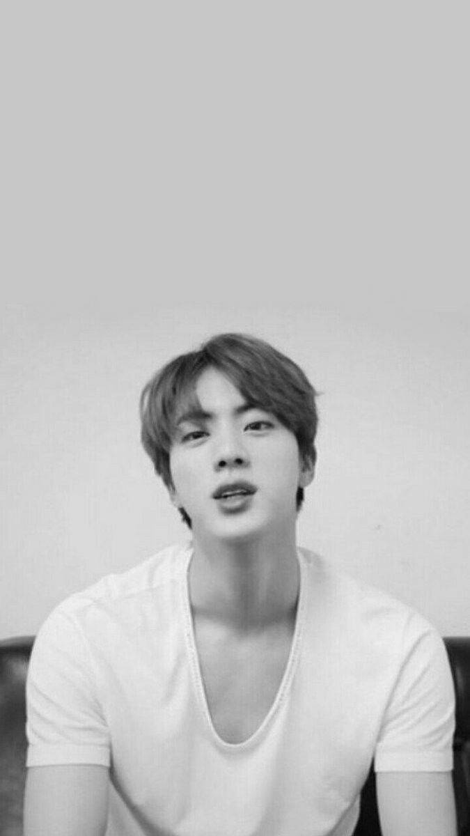 Jin BTS, monochrome, white v-neck shirt, SD Phone Wallpaper