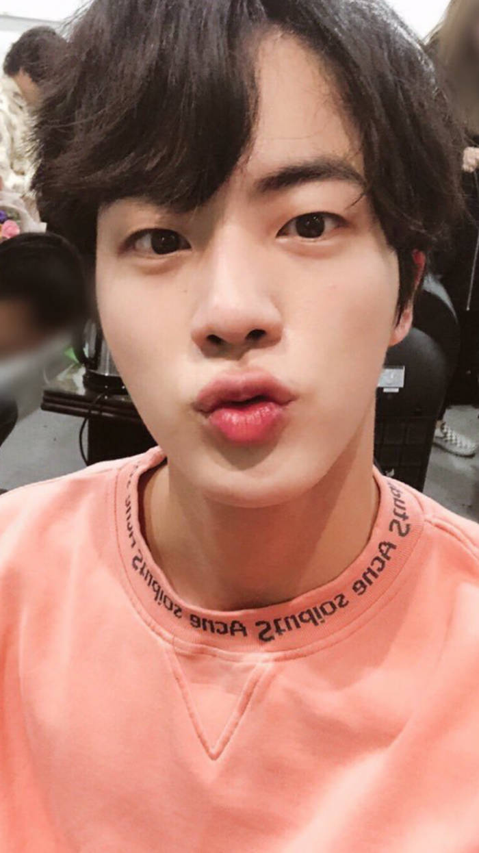 Jin BTS, brown hair, salmon shirt, SD Phone Wallpaper