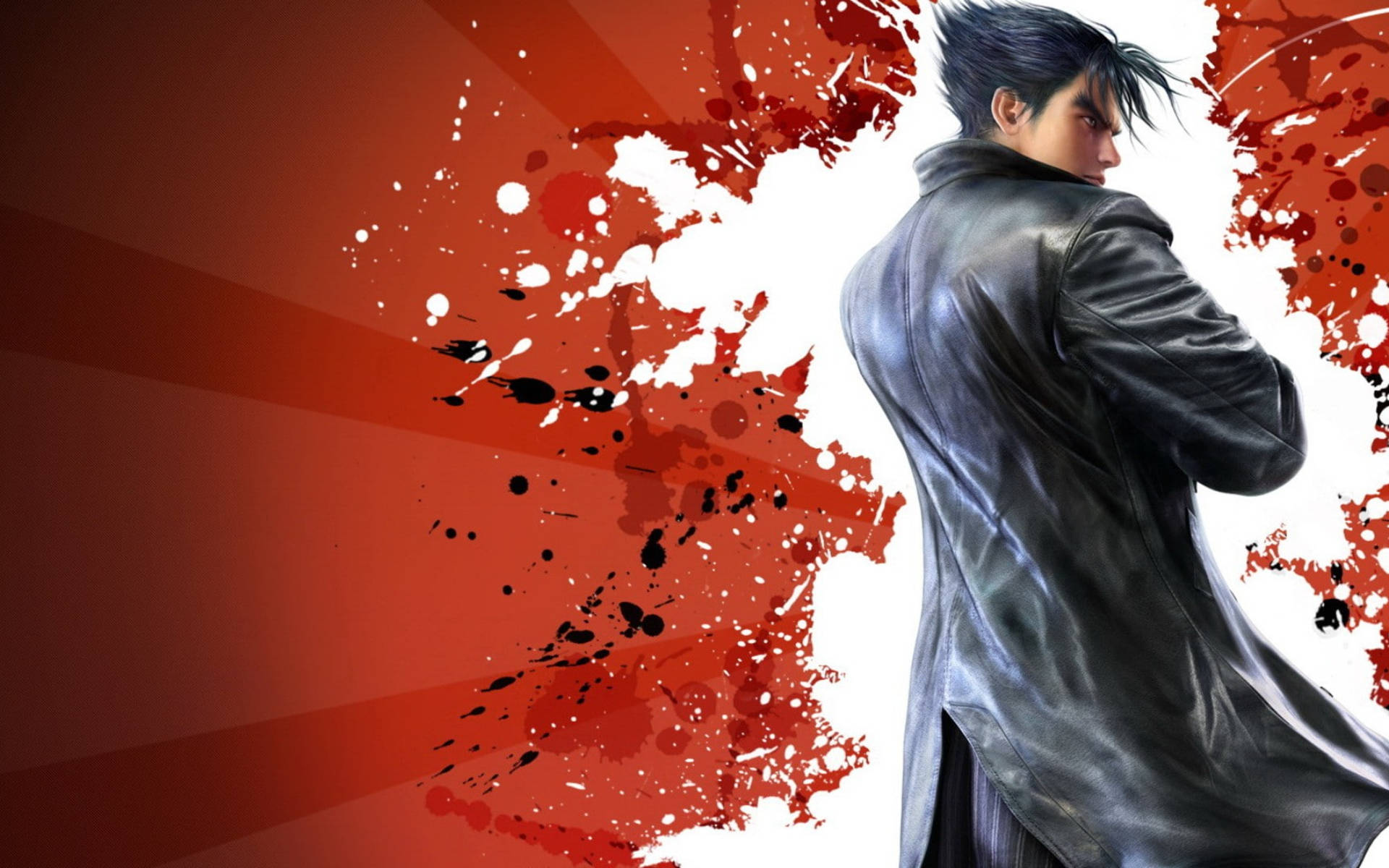 Jin Kazama, black leather coat, red and white splatter background, Full HD Desktop Wallpaper