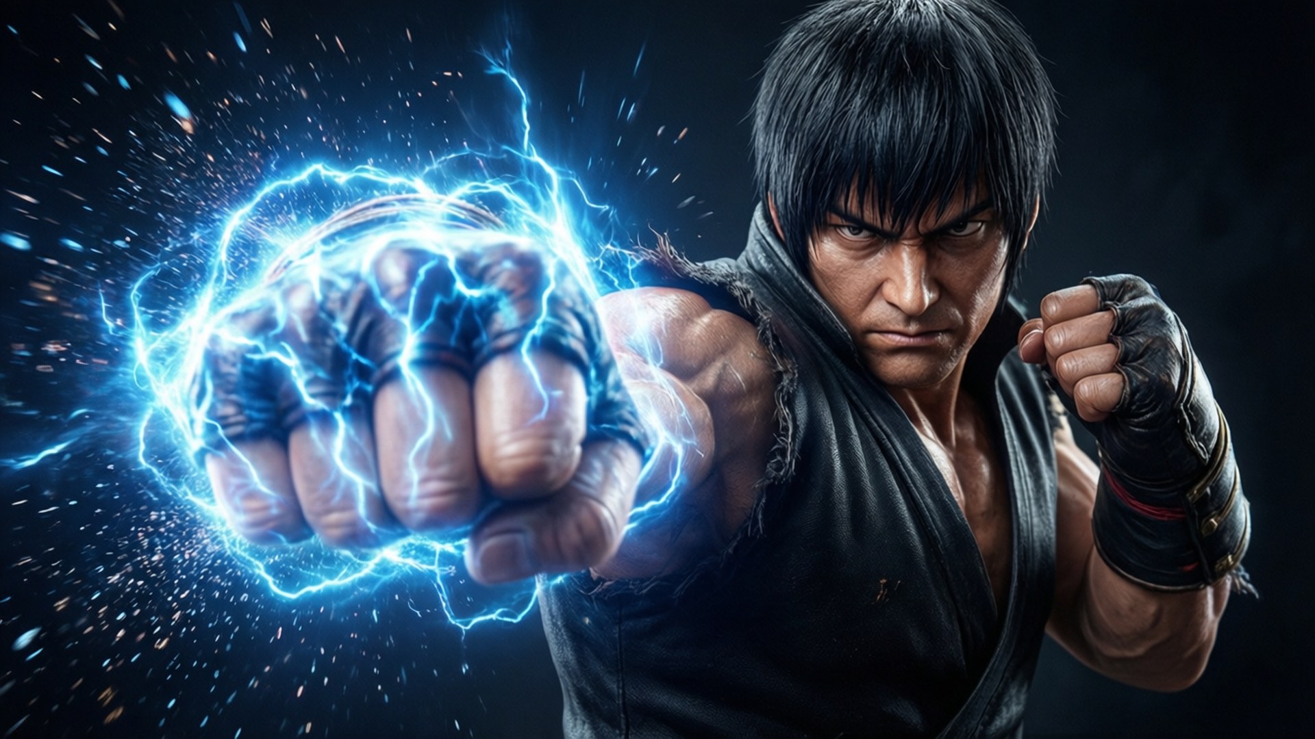 Jin Kazama, crackling blue lightning, clenched fist, Full HD Desktop Wallpaper