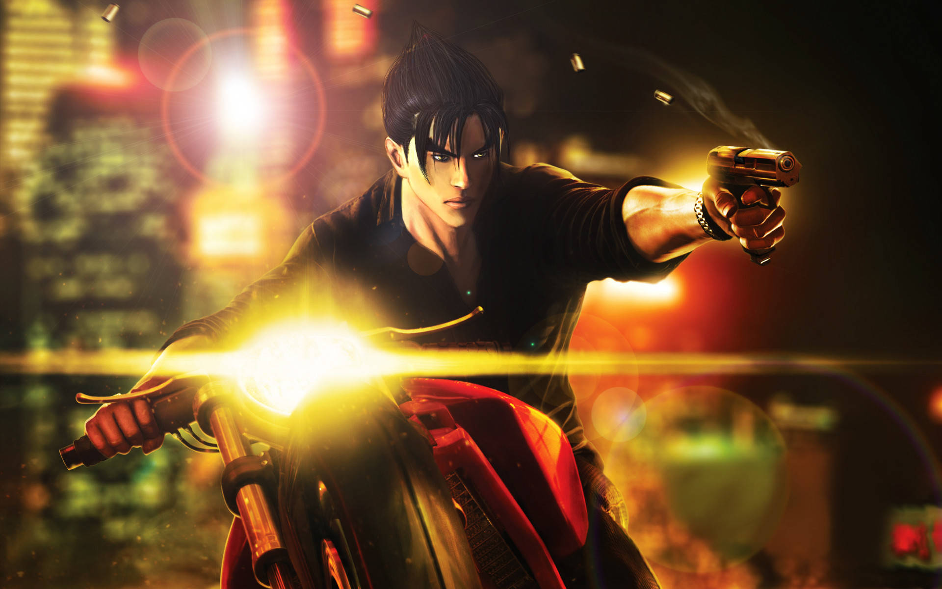 Jin Kazama, red motorcycle, neon-lit city, Full HD Desktop Wallpaper
