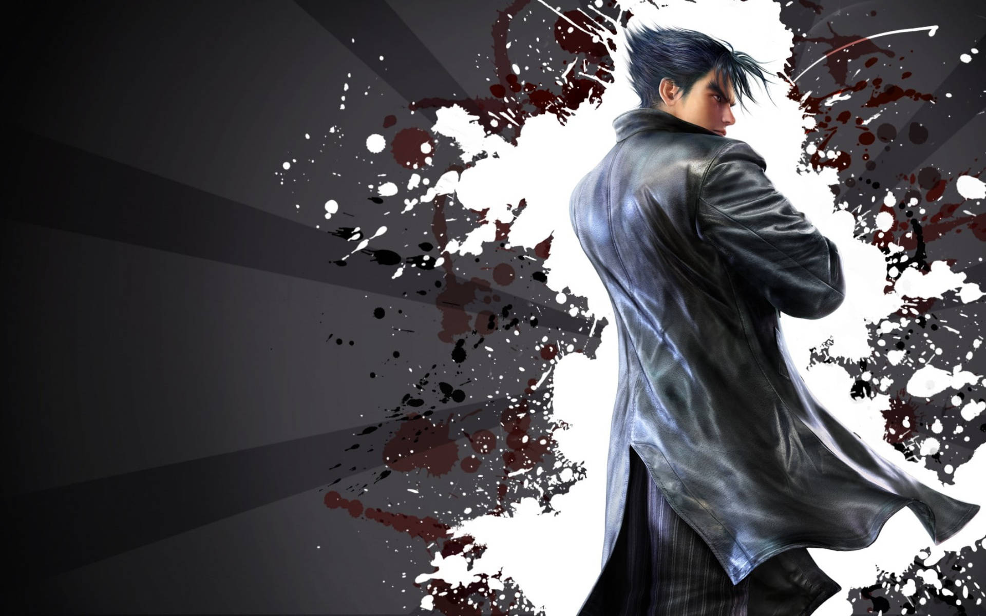 Jin Kazama, long leather coat, black white and red splatters, Full HD Desktop Wallpaper