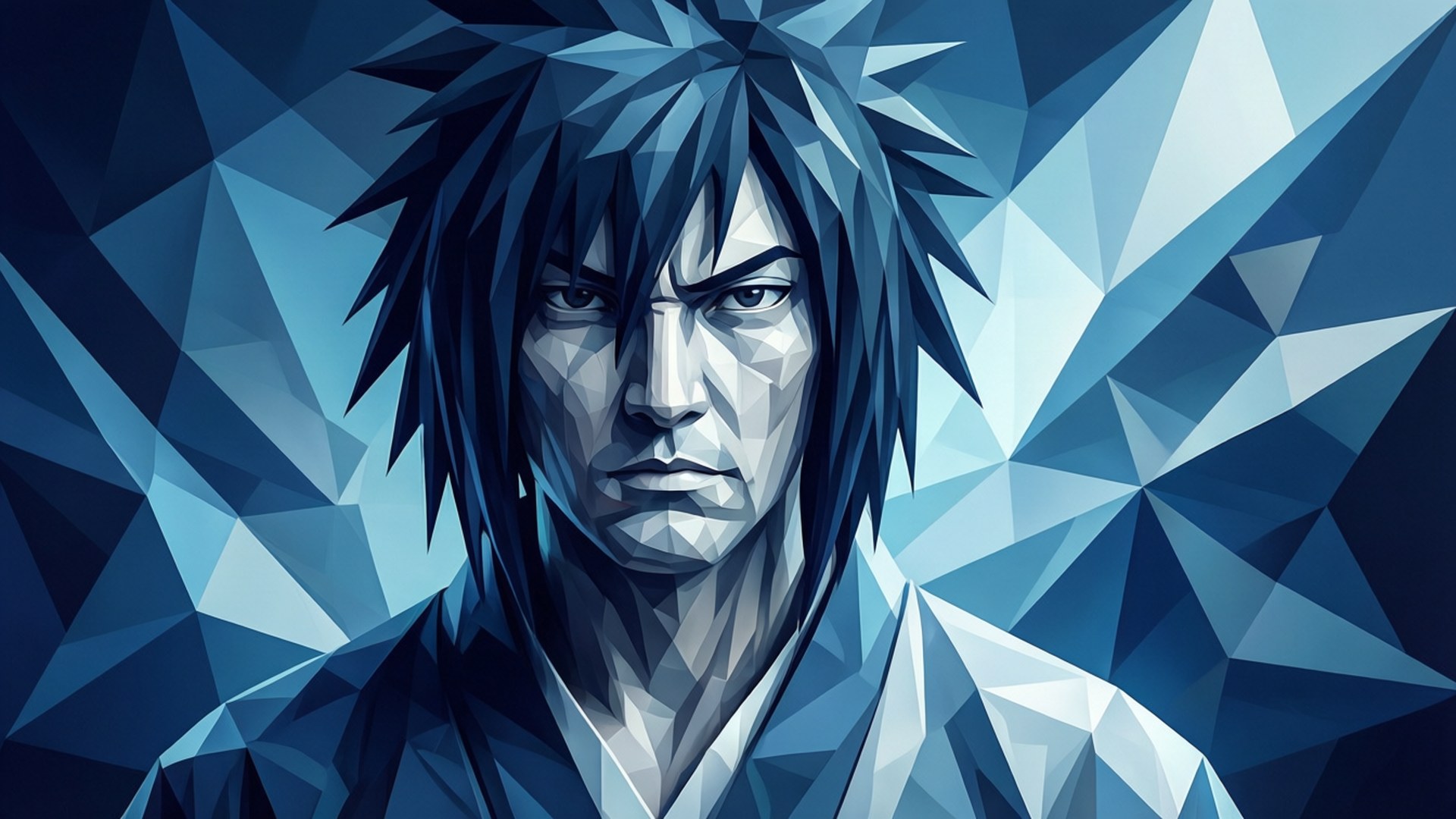 Geometric Jin, spiky dark hair, intense gaze, Full HD Desktop Wallpaper