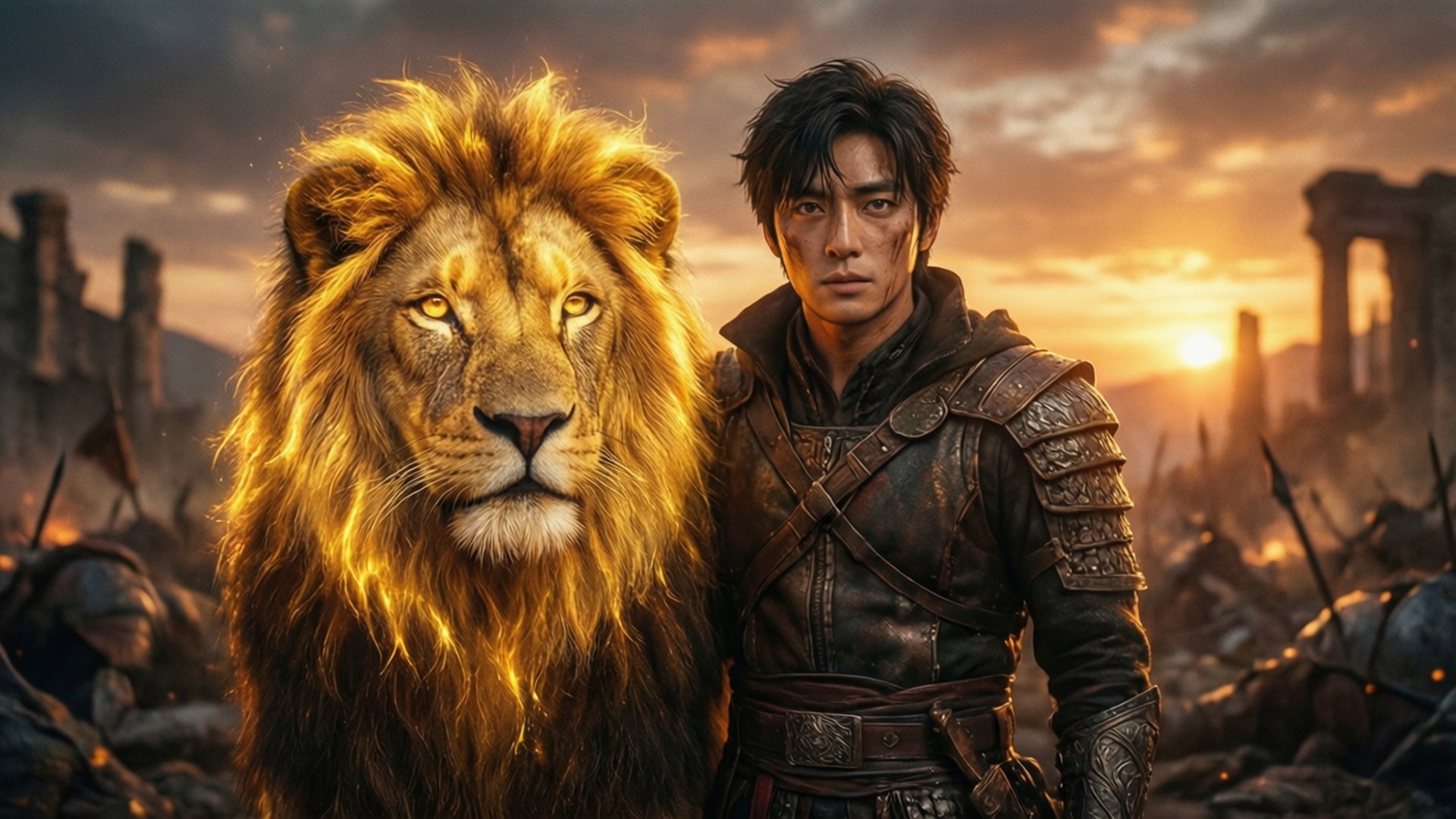 Jing Yuan, lion companion, sunset, Full HD Desktop Wallpaper