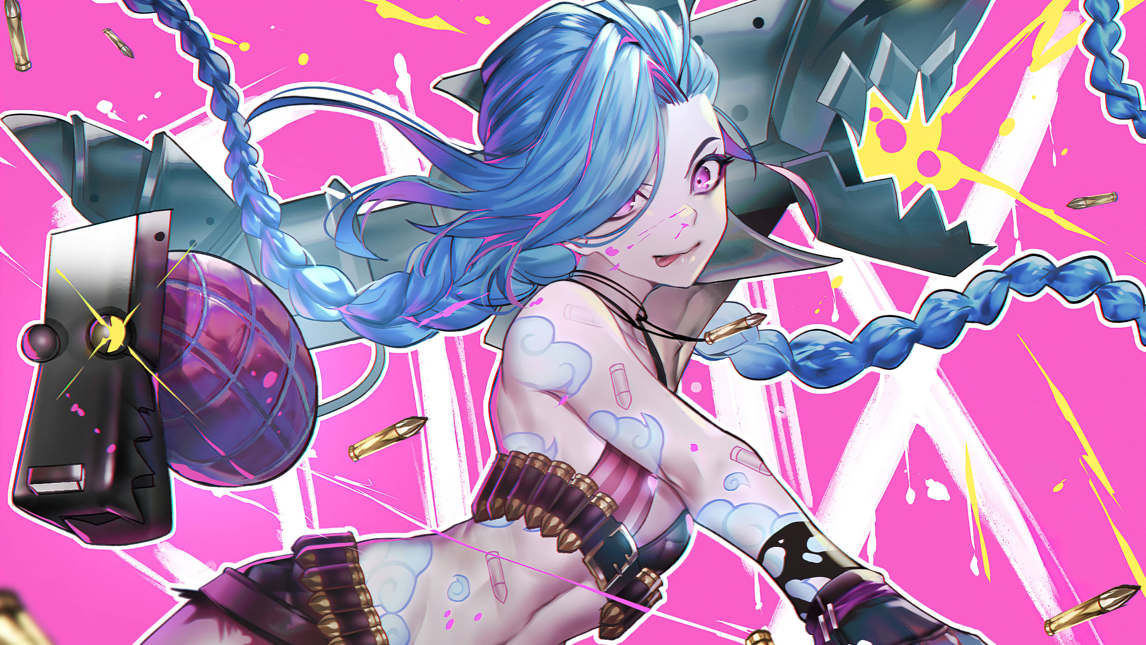 Jinx Arcane, blue-haired anime girl, purple eyes, 4K Desktop Wallpaper