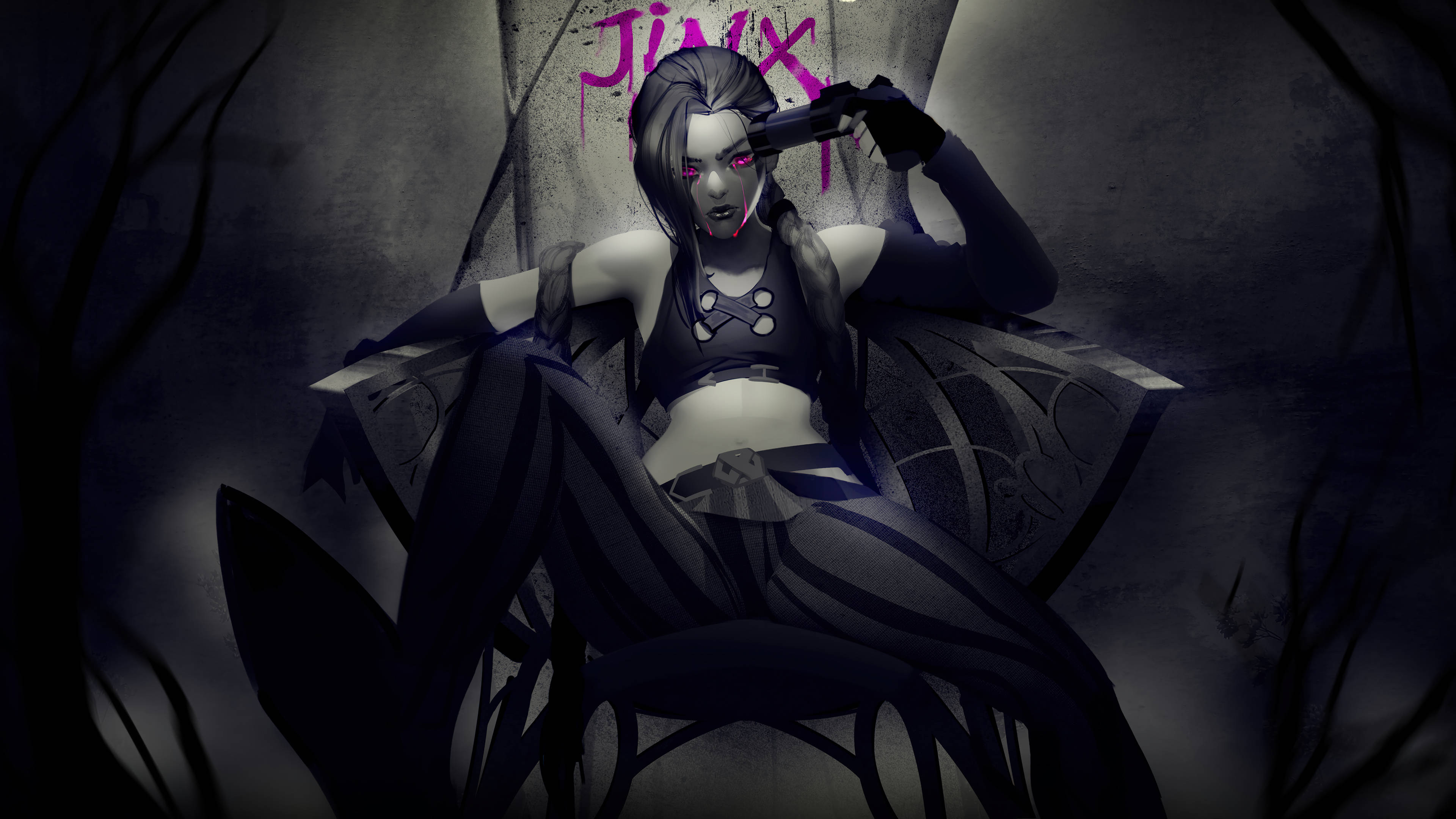 Jinx Arcane, glowing pink eyes, throne-like chair, 4K Desktop Wallpaper