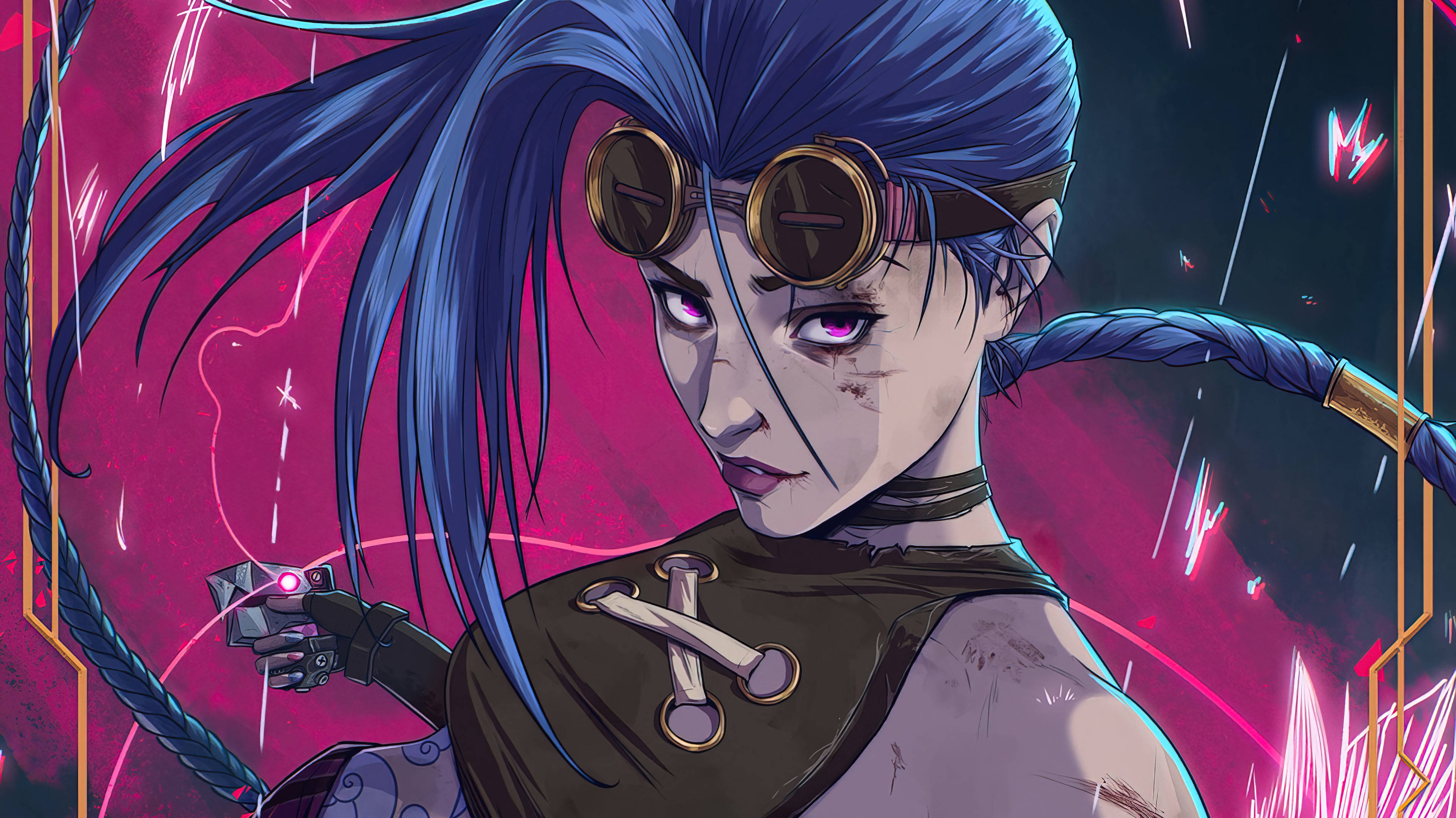 Jinx Arcane, pink eyes, blue braided hair, 4K Desktop Wallpaper