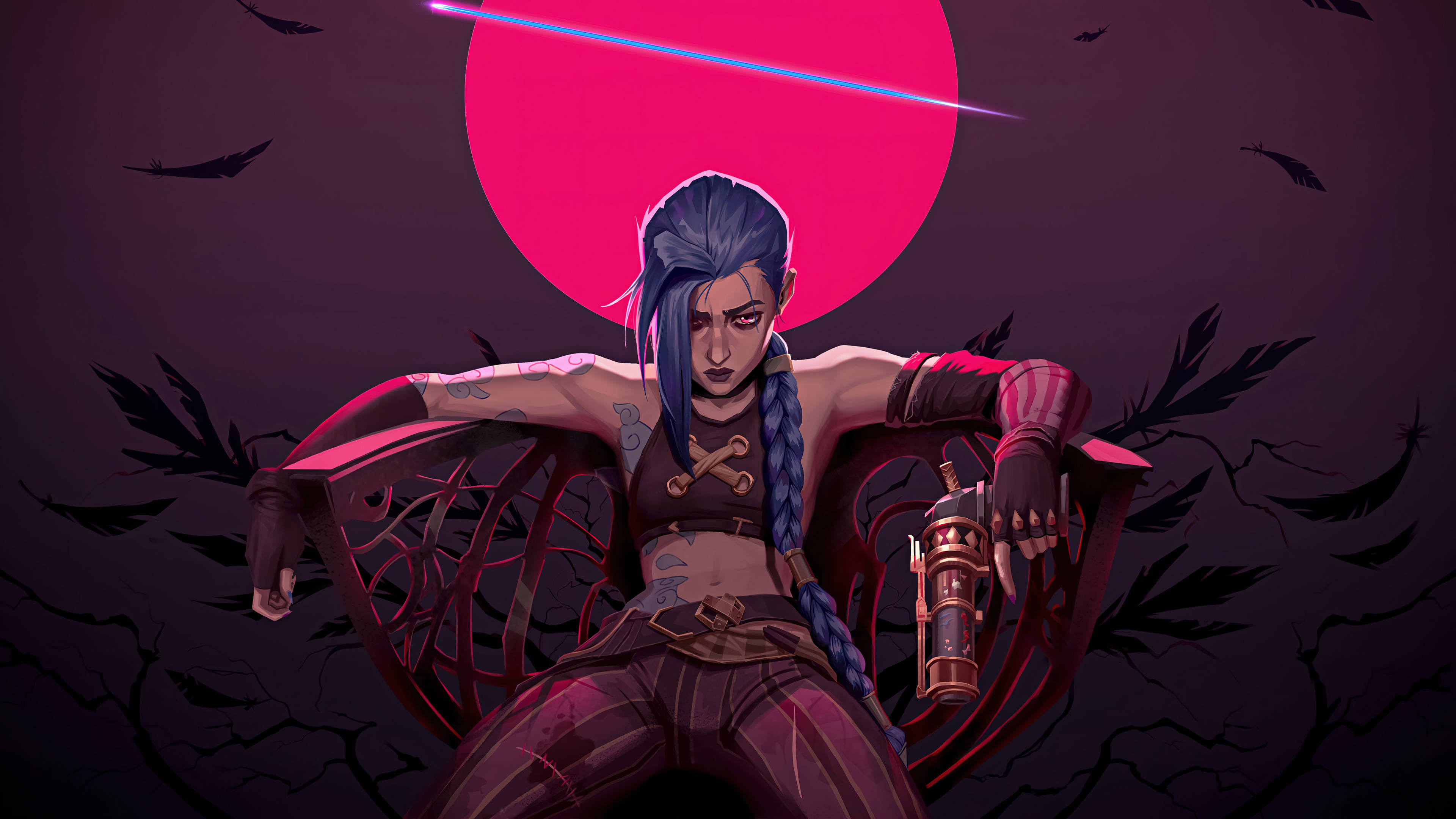 Jinx Arcane, pink moon, blue braided hair, 4K Desktop Wallpaper