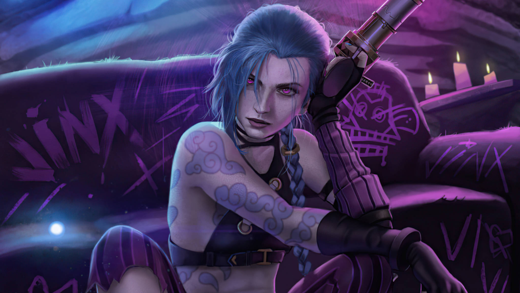 Purple Jinx, blue-haired anime girl, tattoos, Full HD Desktop Wallpaper