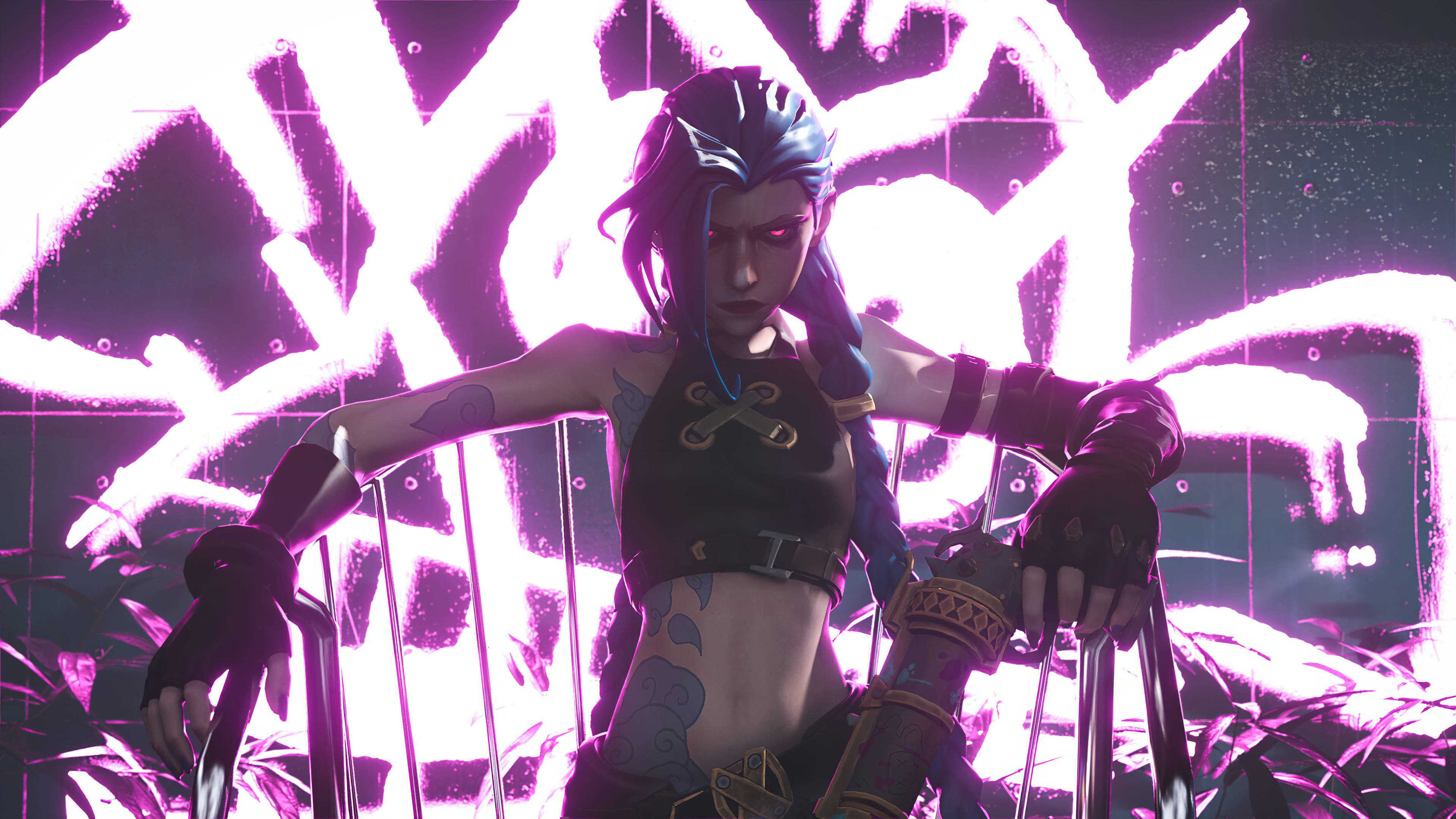 Jinx Arcane, neon purple, glowing red eyes, 4K Desktop Wallpaper
