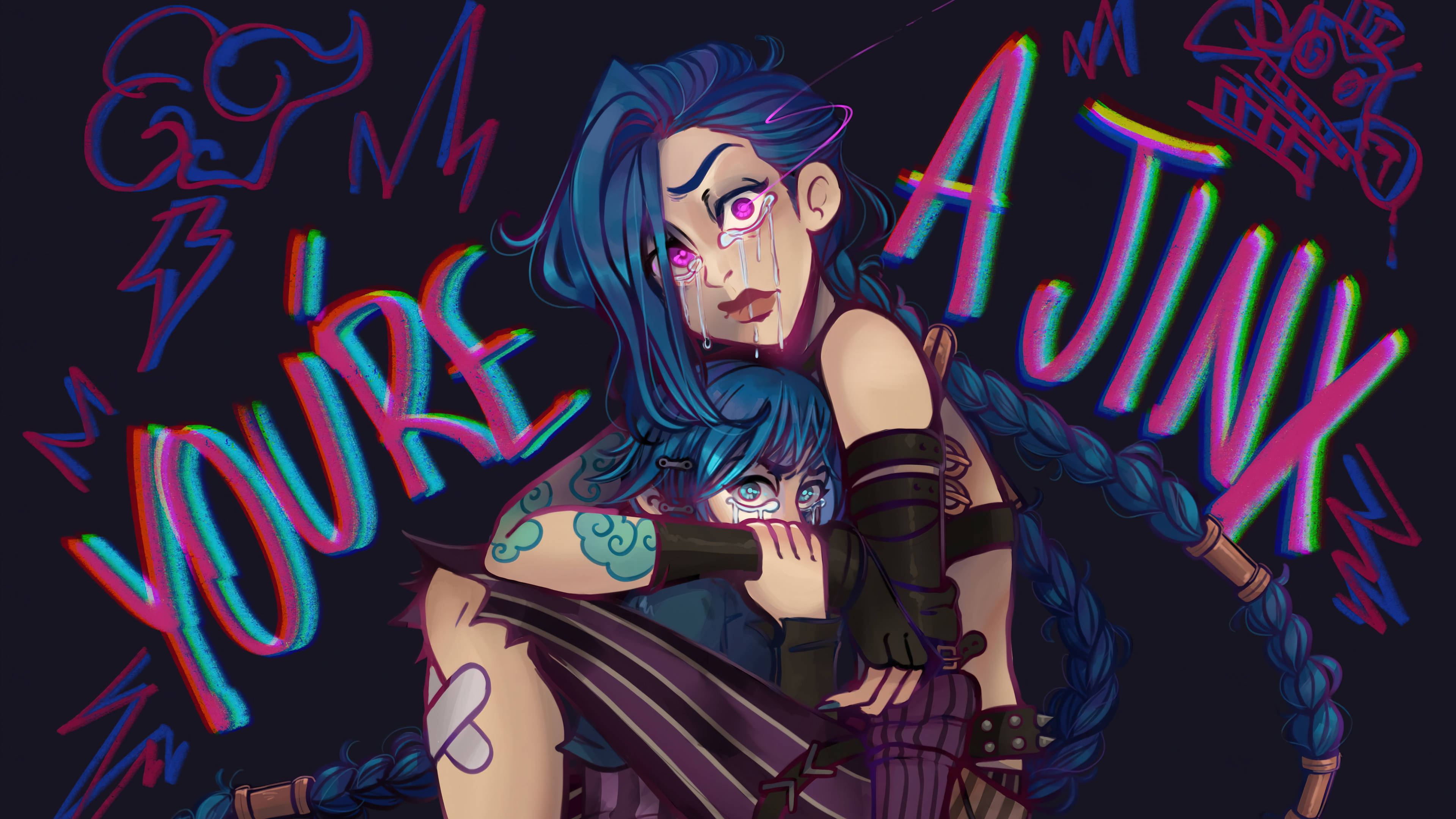 Jinx Arcane, blue hair, glowing eyes, 4K Desktop Wallpaper
