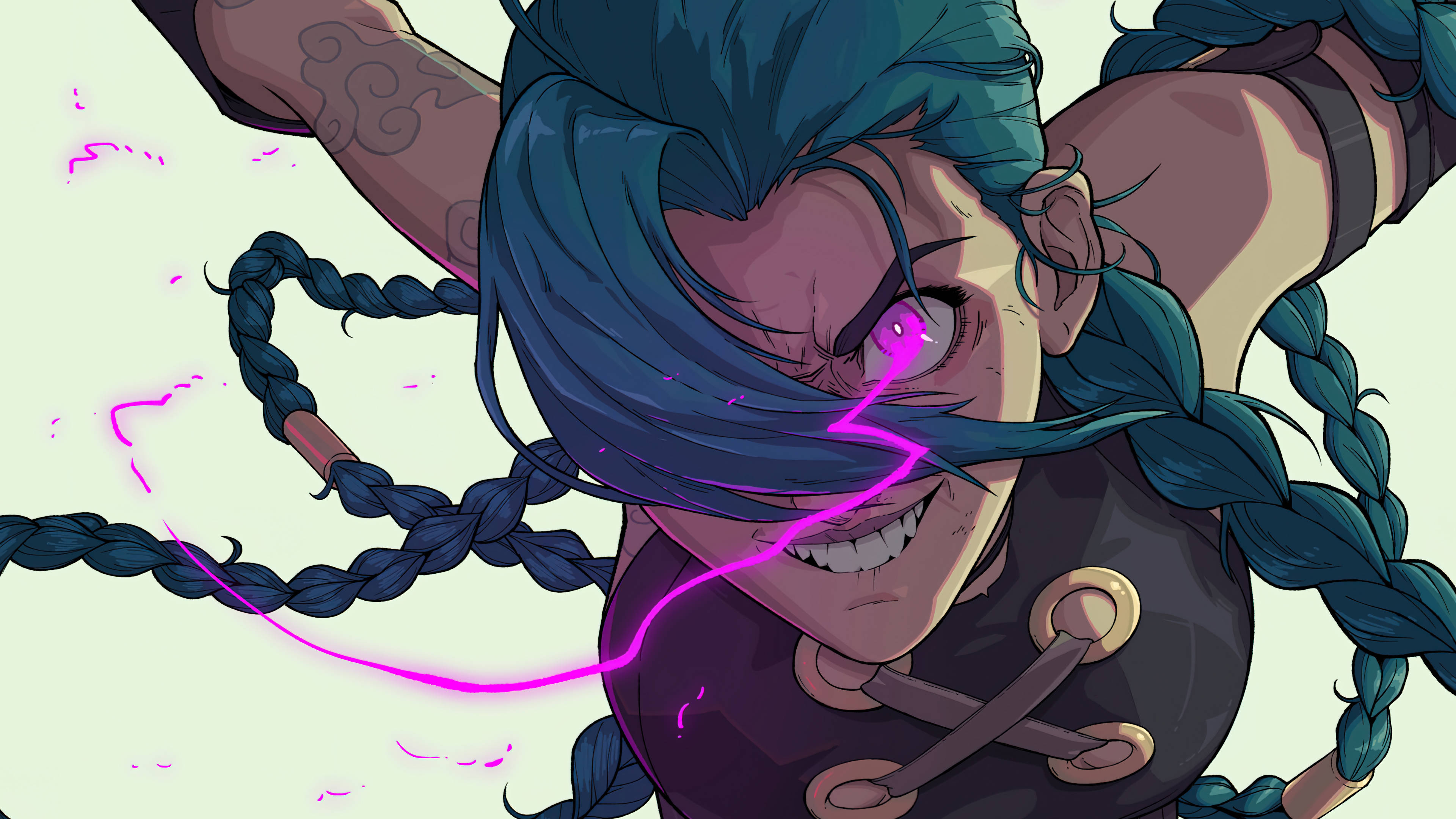 Jinx Arcane, crazy purple eyes, blue braided hair, 4K Desktop Wallpaper
