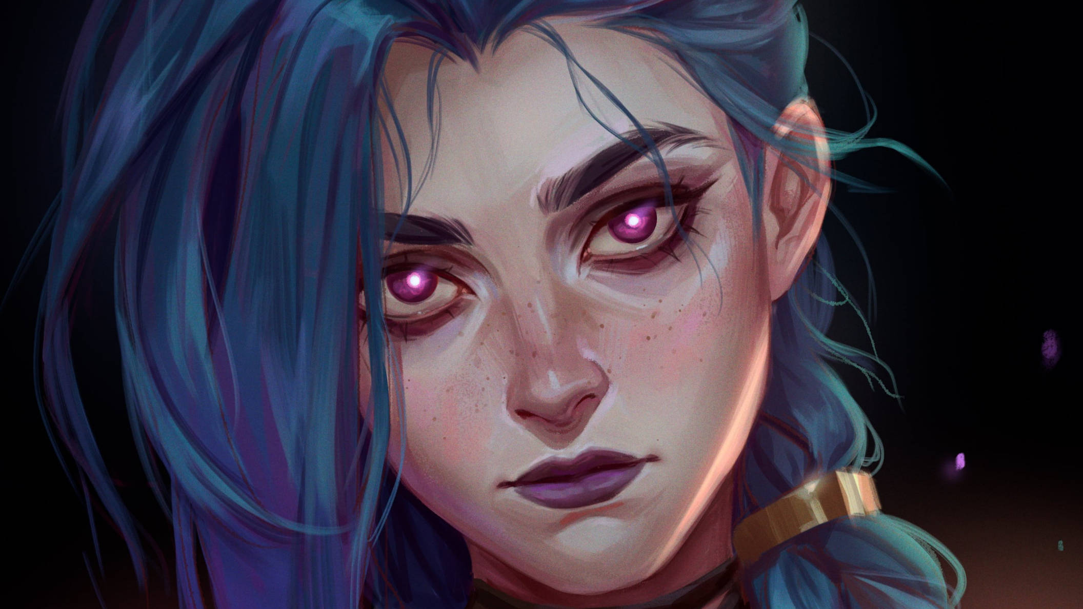 Face Jinx, anime girl, glowing purple eyes, Full HD Desktop Wallpaper