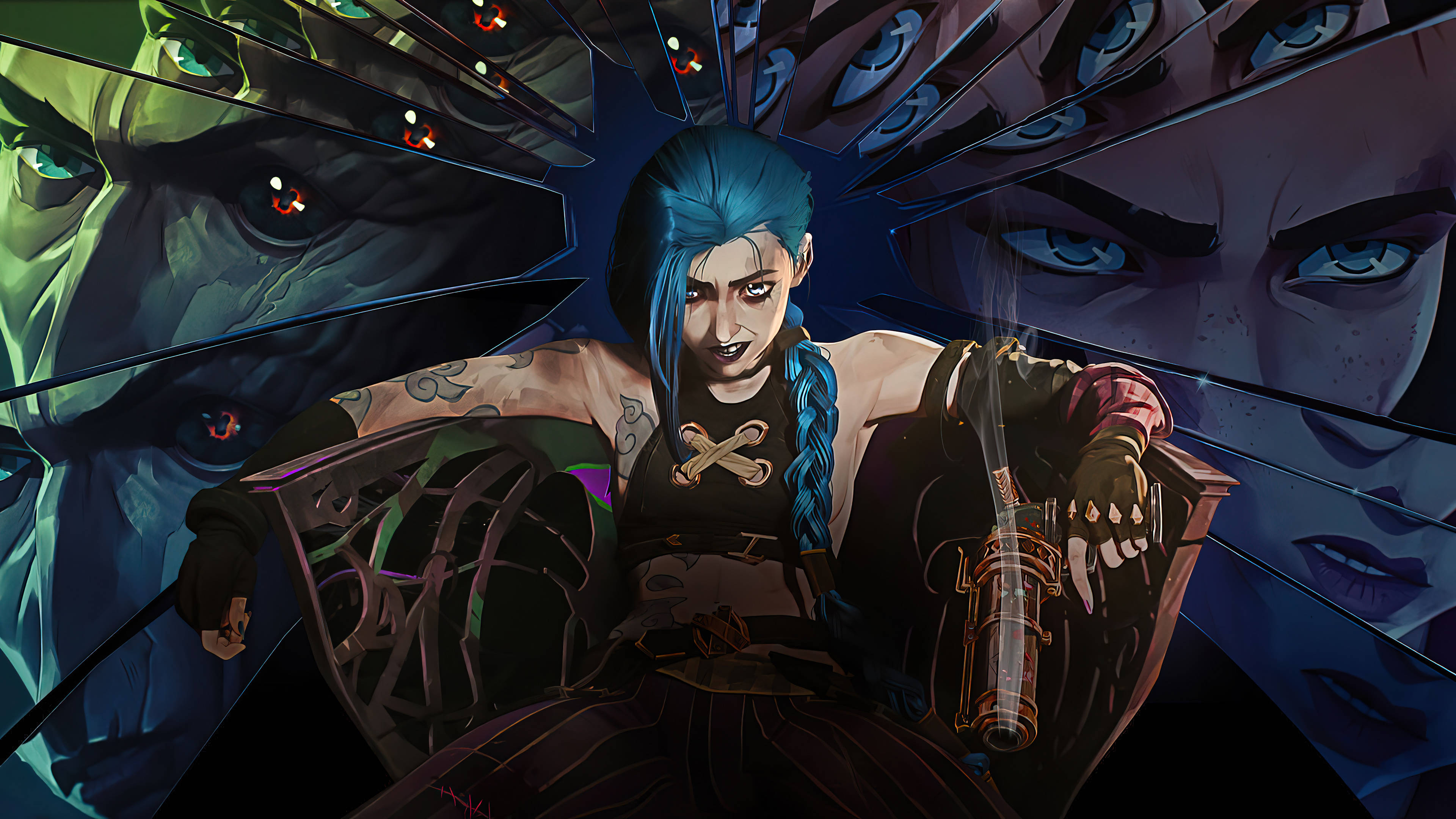 Jinx Arcane, blue-haired anime woman, tattoos, 4K Desktop Wallpaper