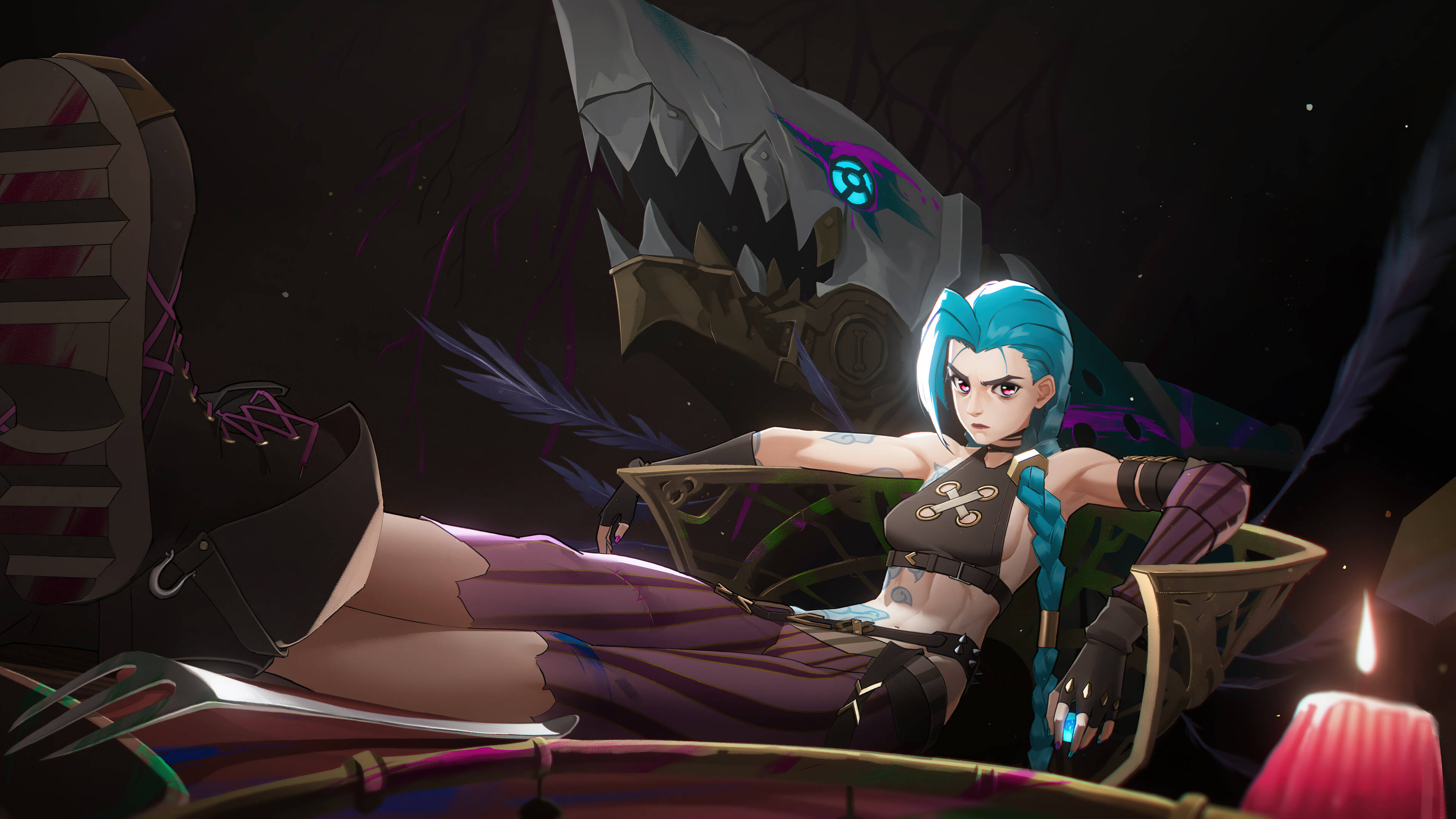 Jinx Arcane, blue-haired anime girl, mechanical chair, 4K Desktop Wallpaper