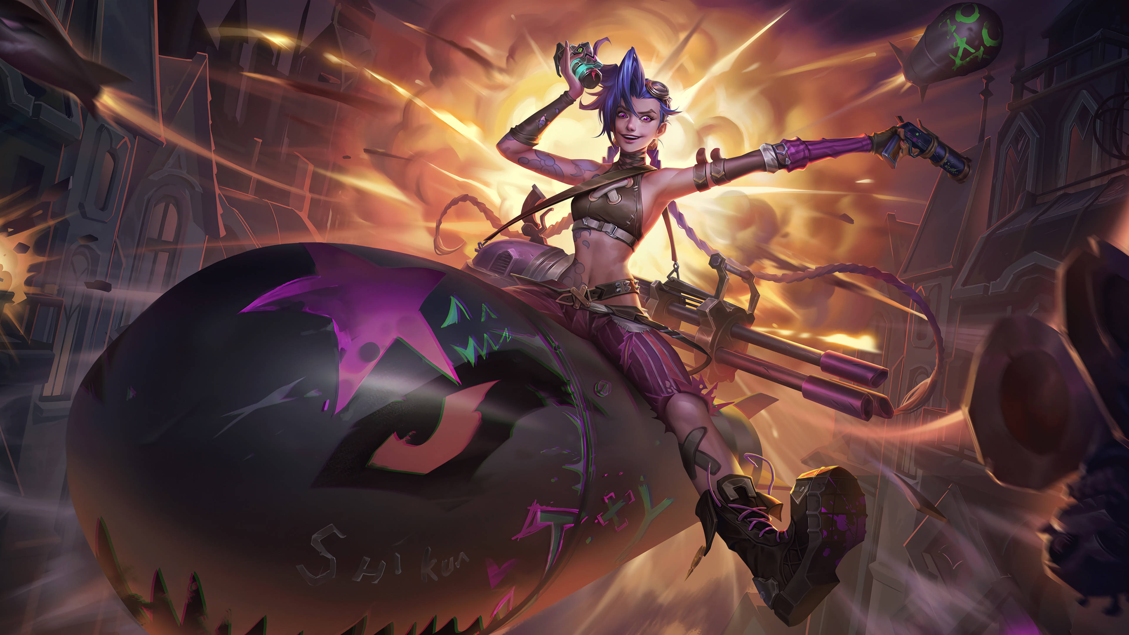 Jinx Arcane, pumpkin, fiery urban battlefield, 4K Desktop Wallpaper