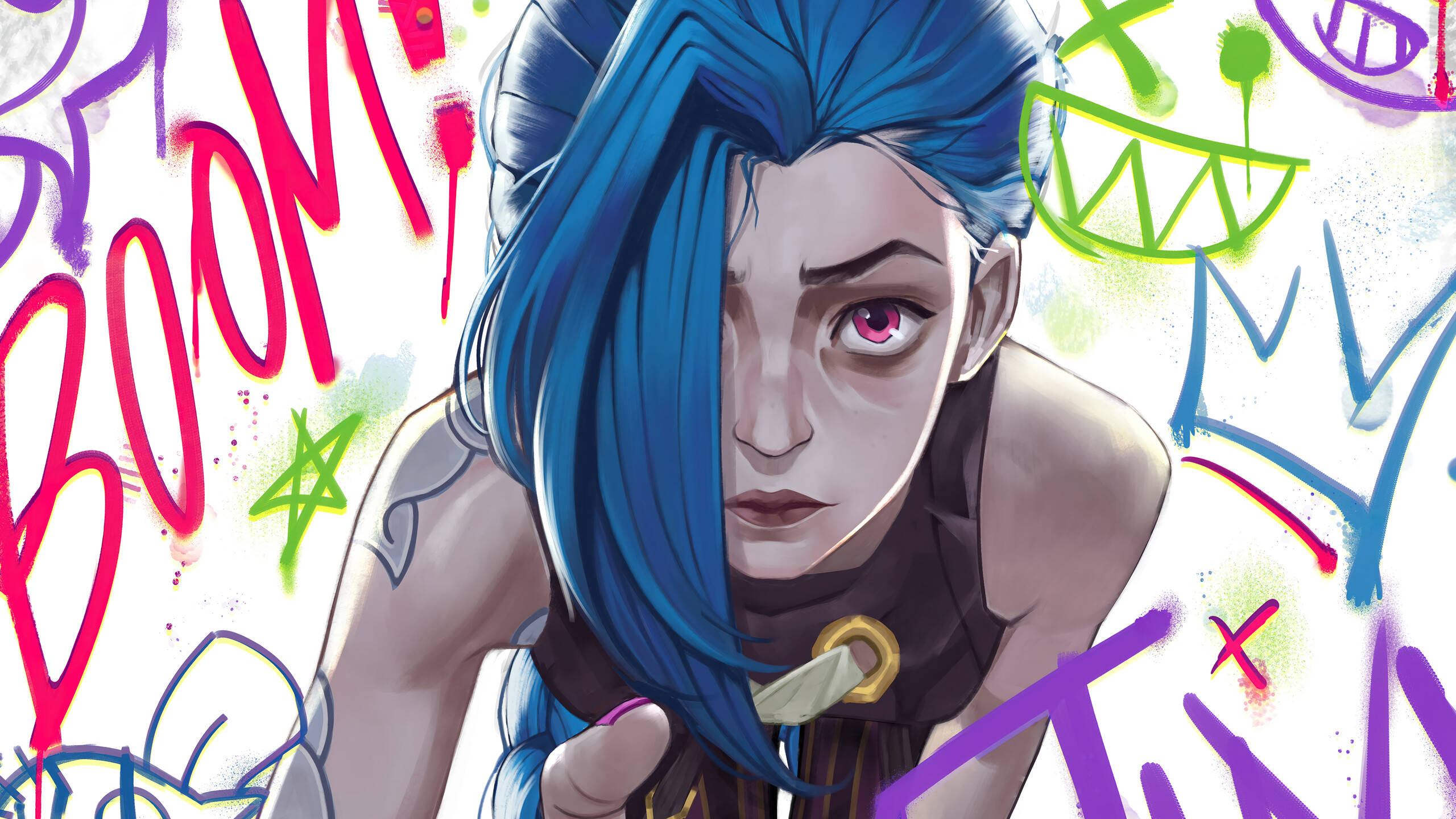 Jinx Arcane, blue-haired, pink eyes, 2K Desktop Wallpaper