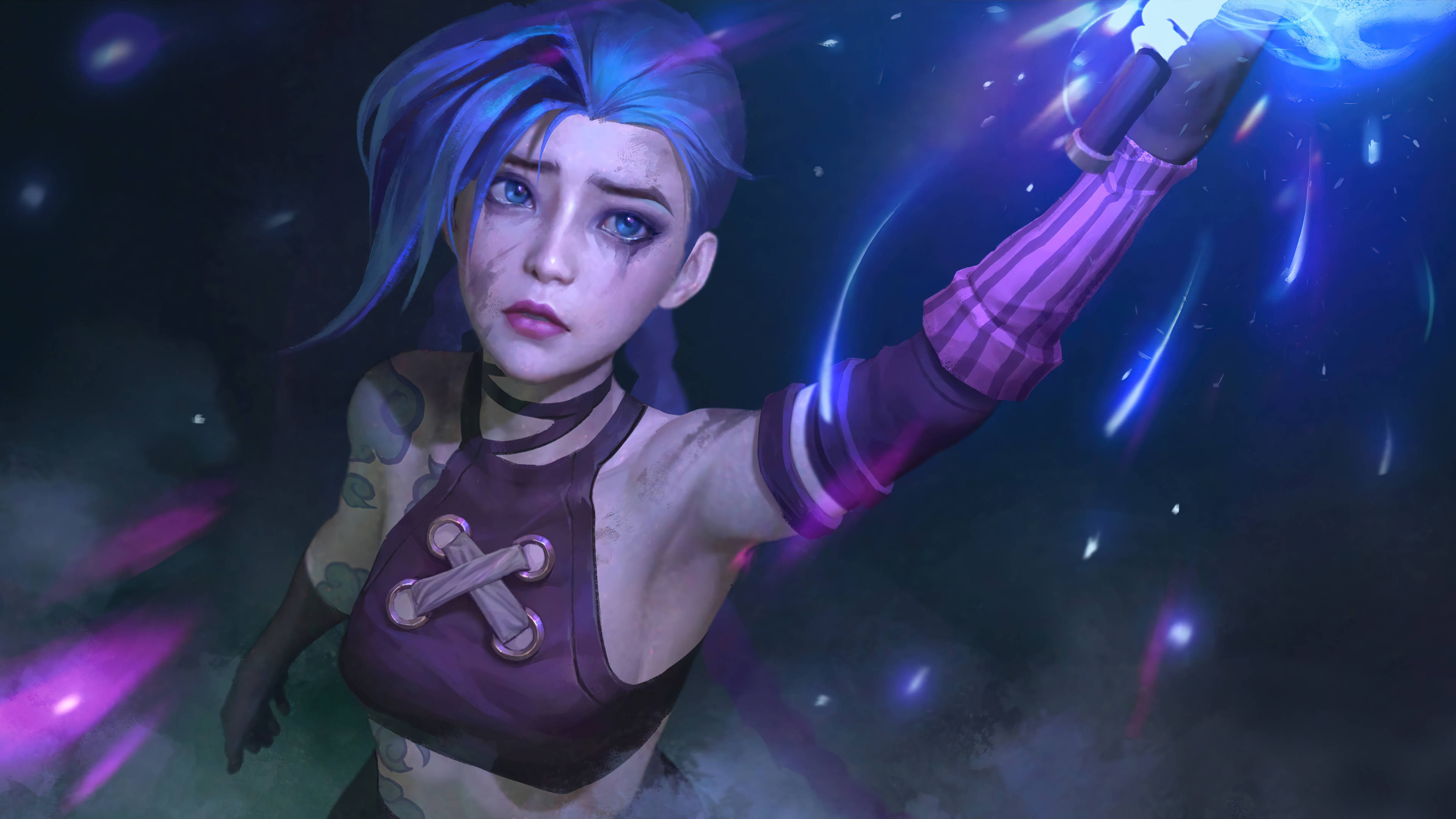 Jinx Arcane, blue hair, glowing staff, 4K Desktop Wallpaper
