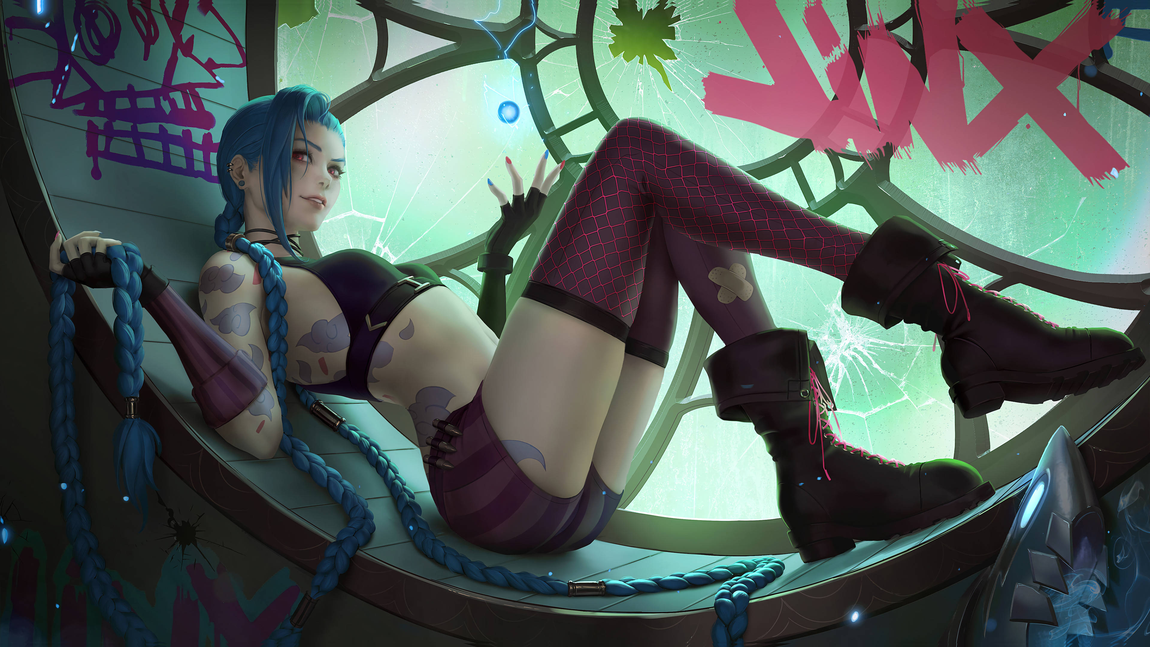 Jinx Arcane, blue-haired anime girl, graffiti-covered broken window, 4K Desktop Wallpaper