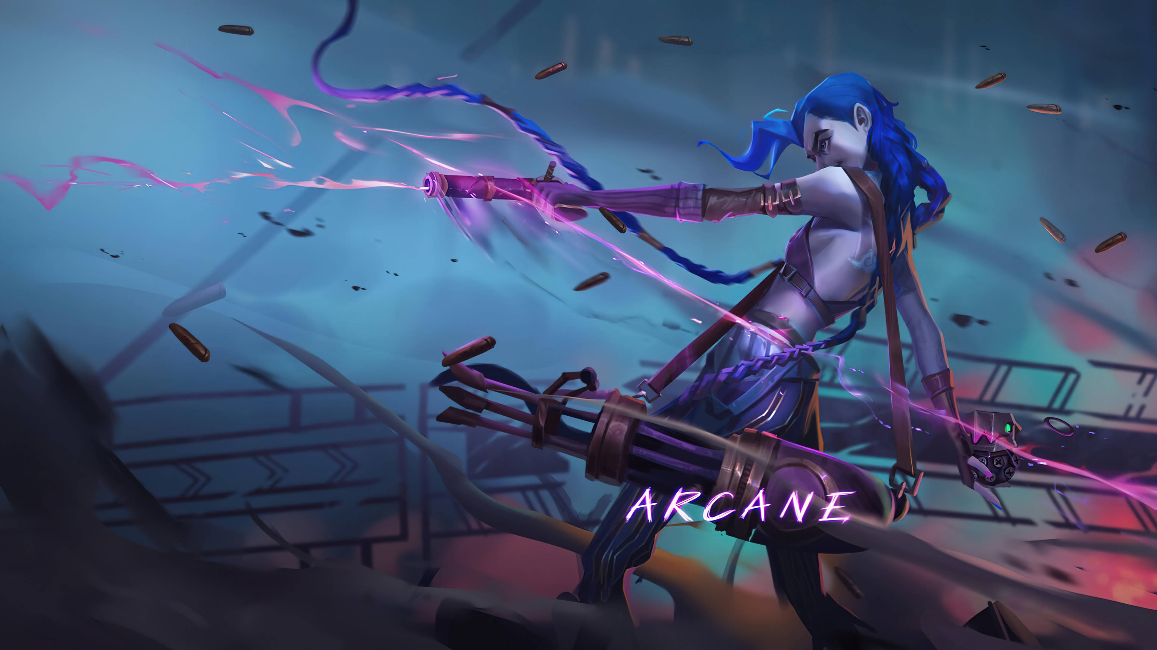 Jinx Arcane, blue-haired anime warrior, glowing purple energy weapon, 4K Desktop Wallpaper