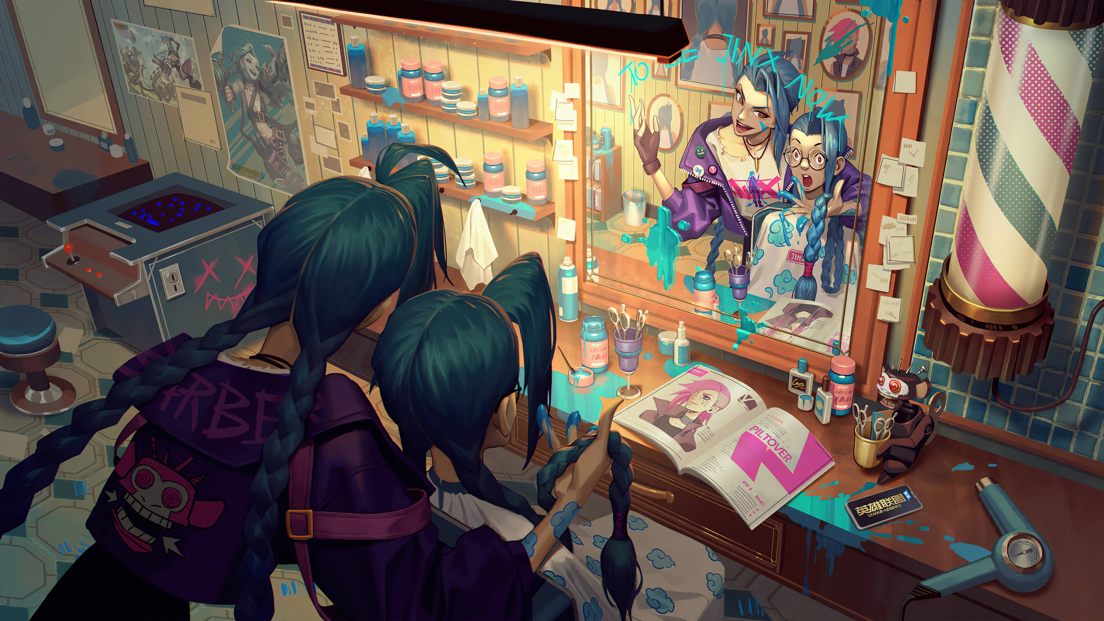 Jinx Arcane, teal braids, cluttered vibrant barbershop, 4K Desktop Wallpaper