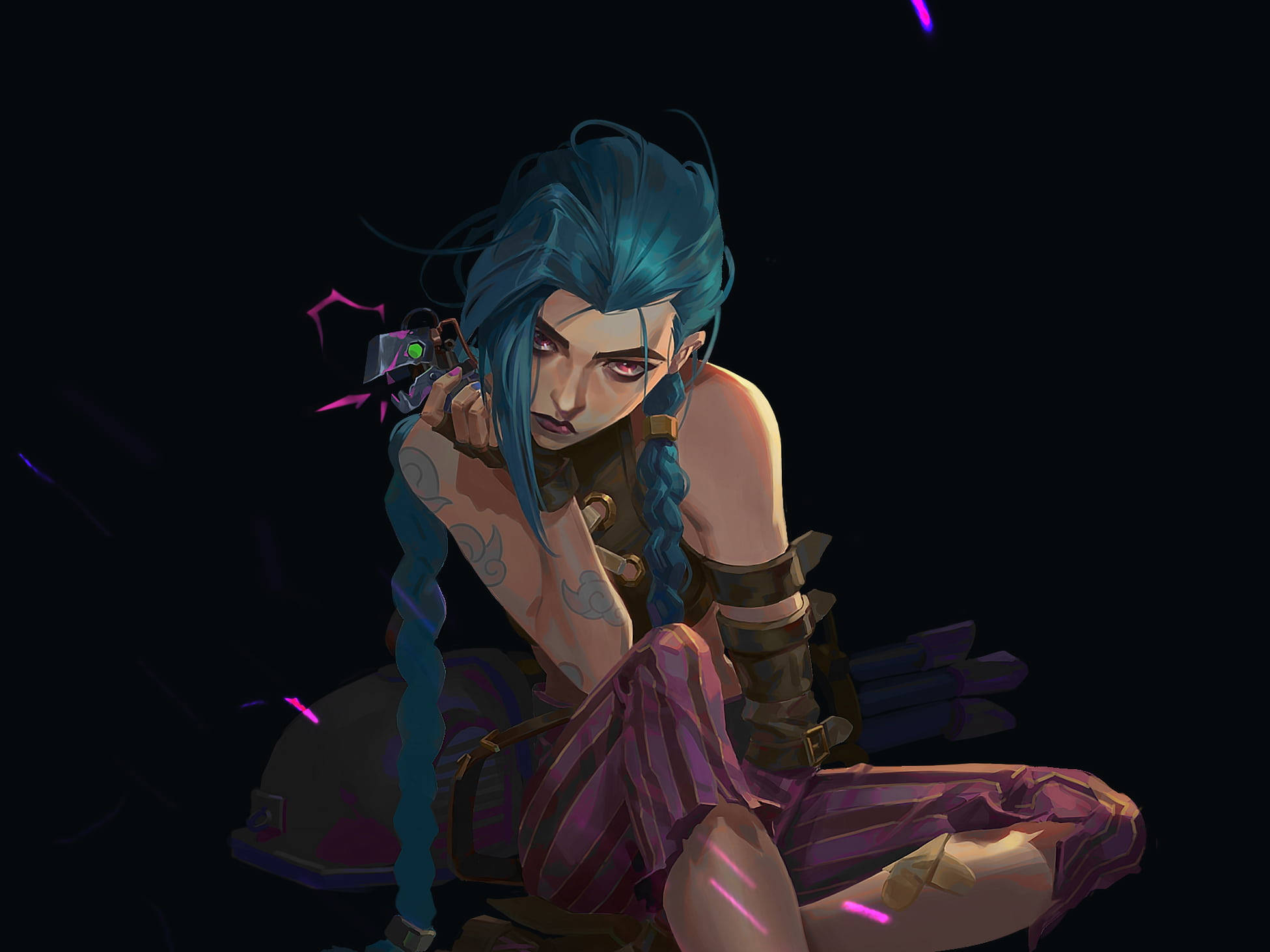 Jinx, blue-haired, glowing purple accents, Full HD Desktop Wallpaper