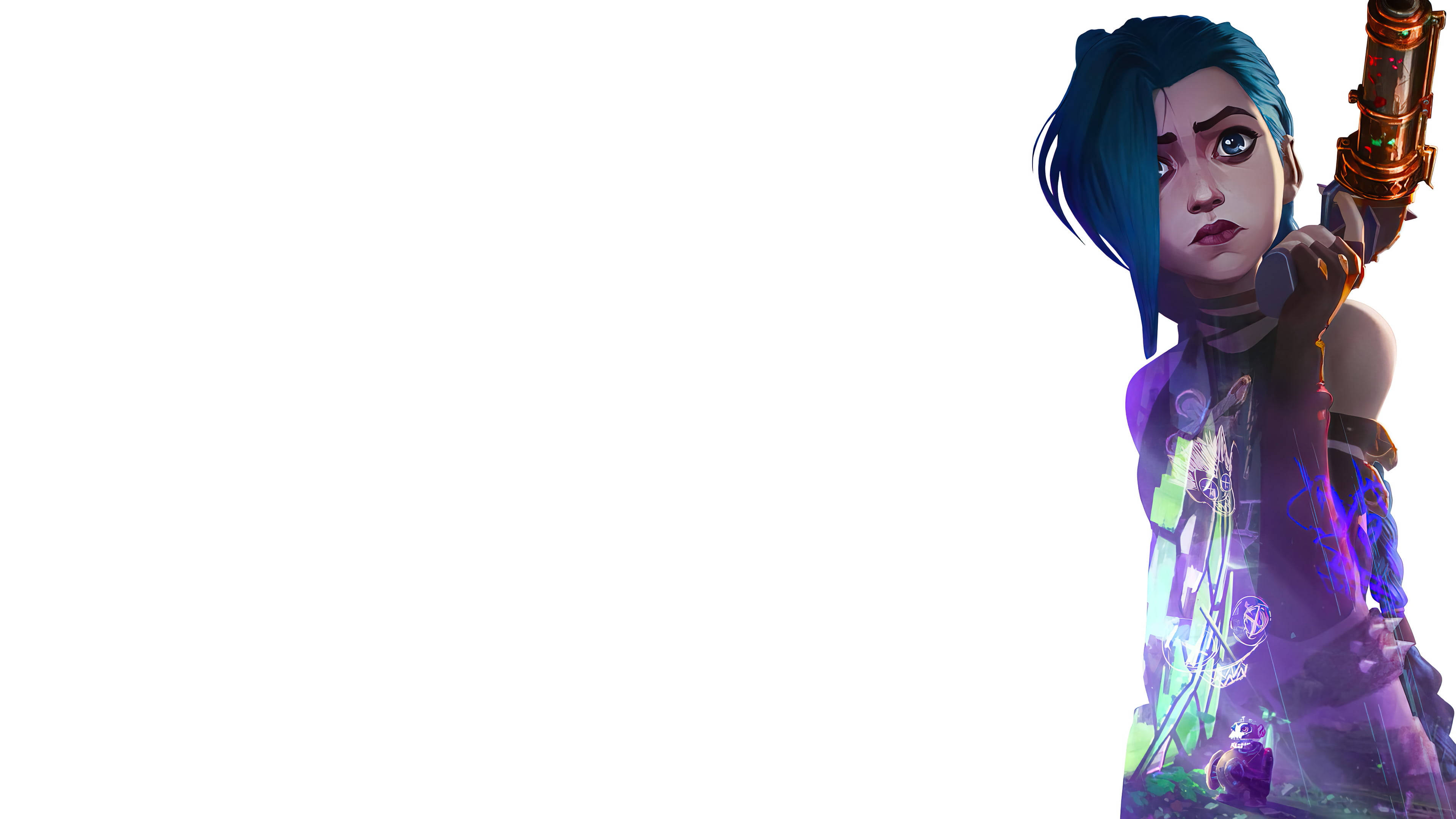 Gun Jinx, blue hair, glowing weapon, 4K Desktop Wallpaper
