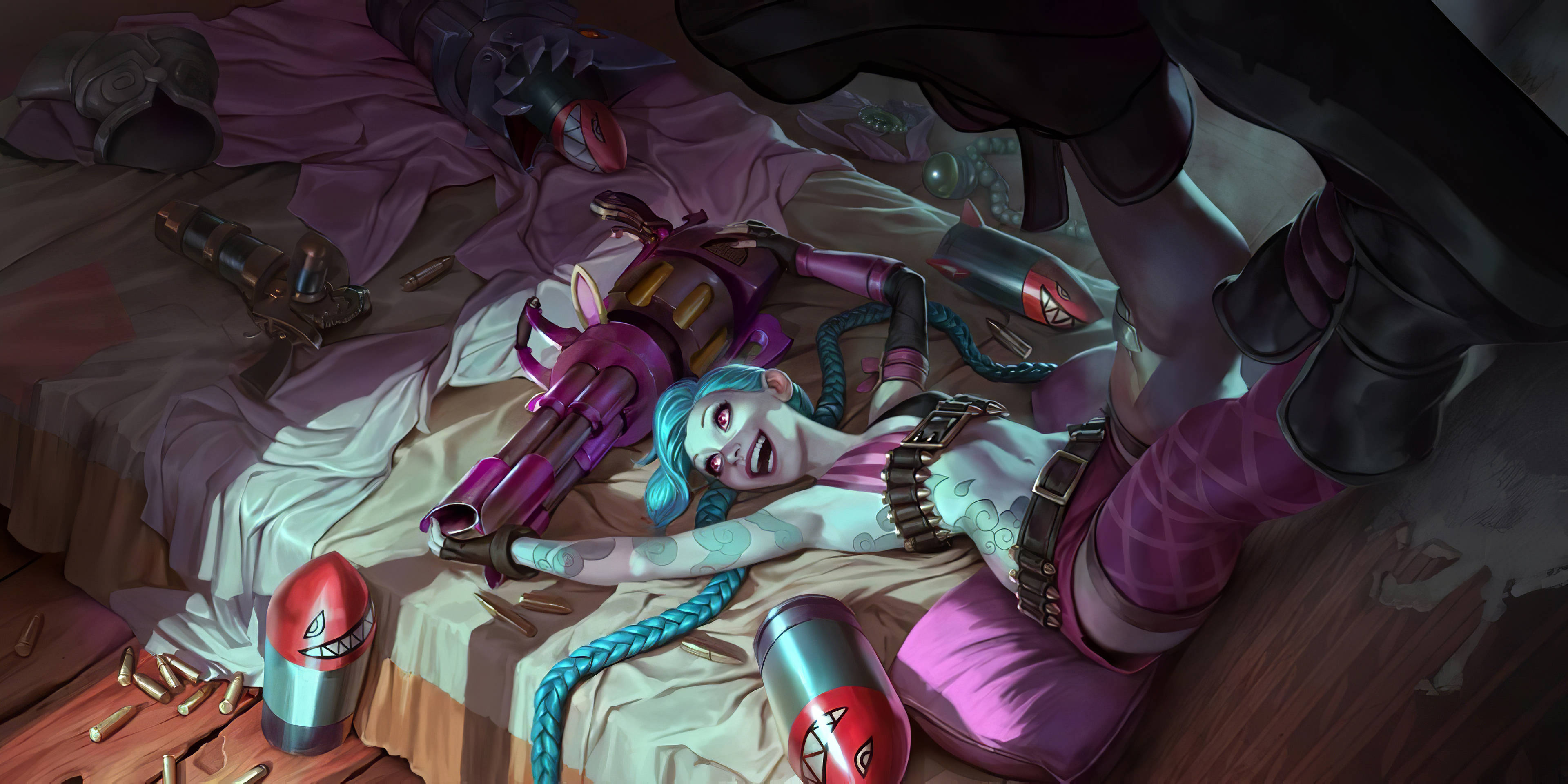 Jinx, blue hair, bed, 4K Desktop Wallpaper