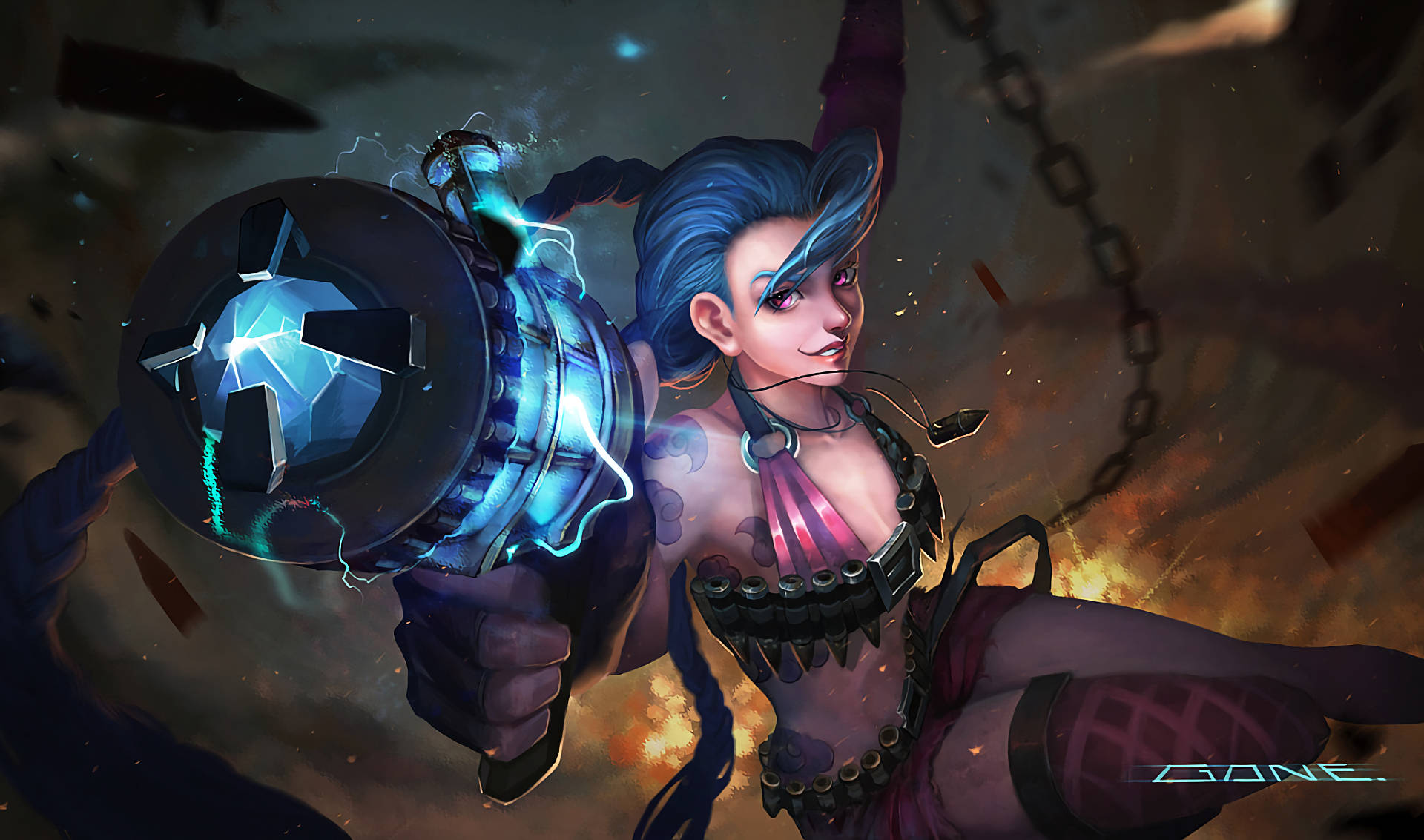 Jinx, ray gun revolver, blue-haired anime warrior, Full HD Desktop Wallpaper
