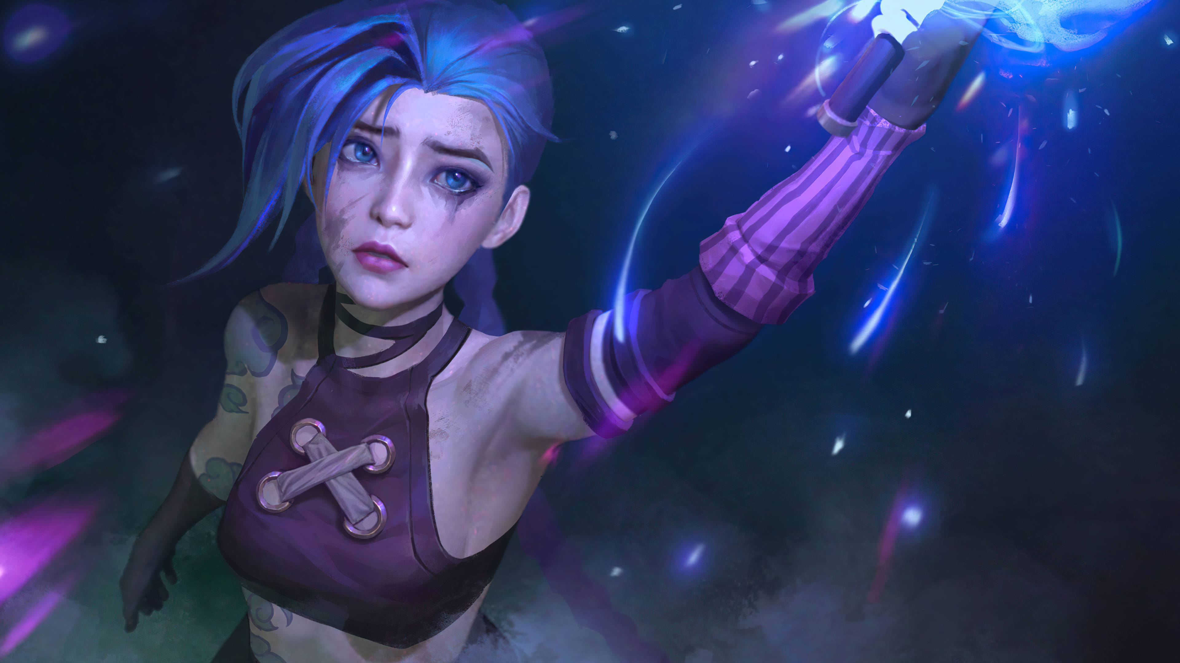 Jinx, blue-haired anime girl, purple top, 4K Desktop Wallpaper