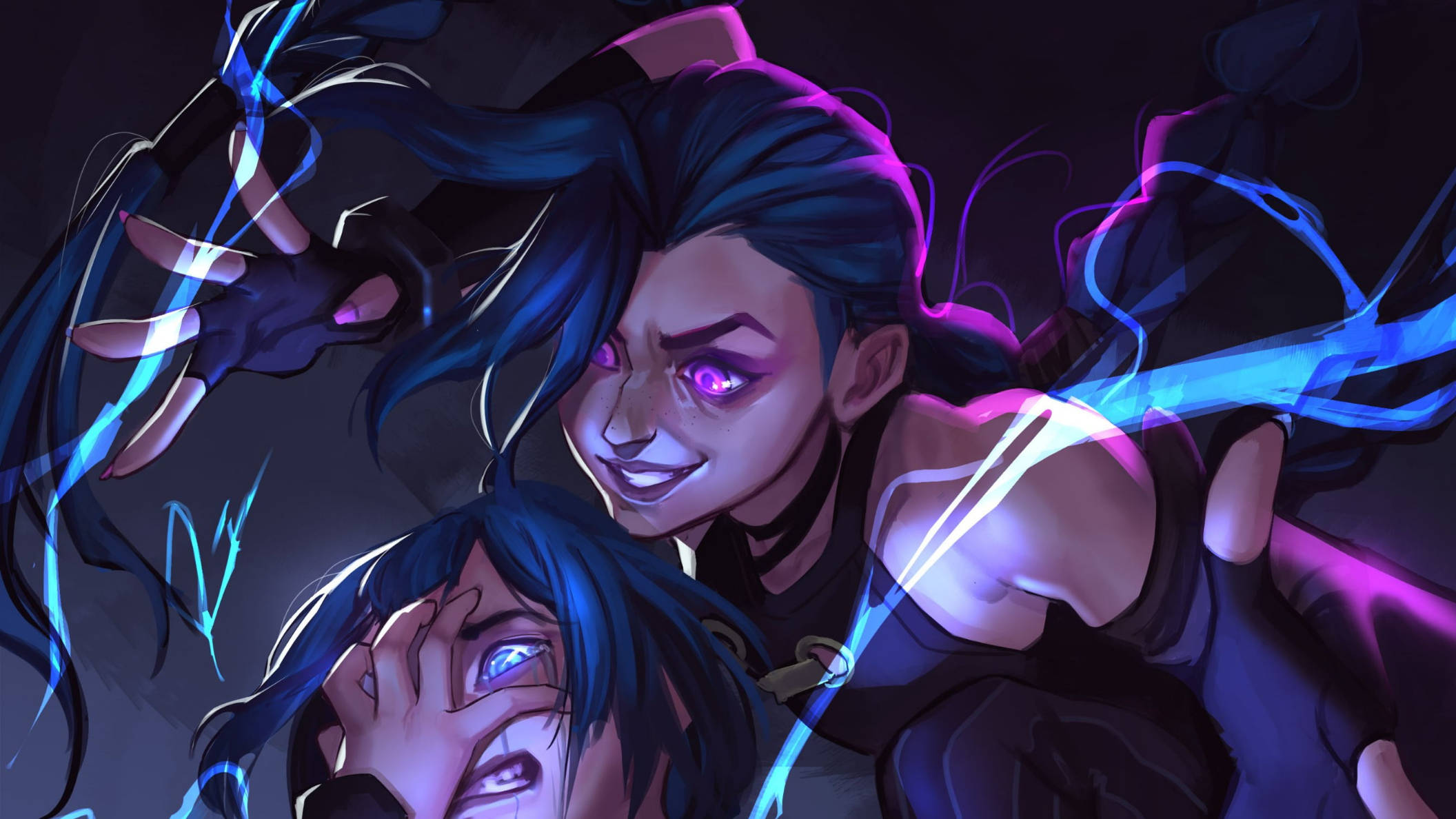 Jinx, glowing eyes, electric blue energy, Full HD Desktop Wallpaper