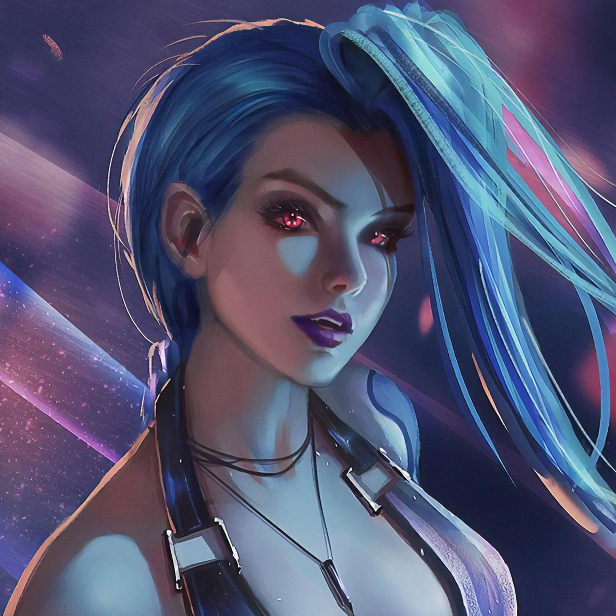 Jinx, glowing red eyes, blue hair, Full HD Desktop Wallpaper