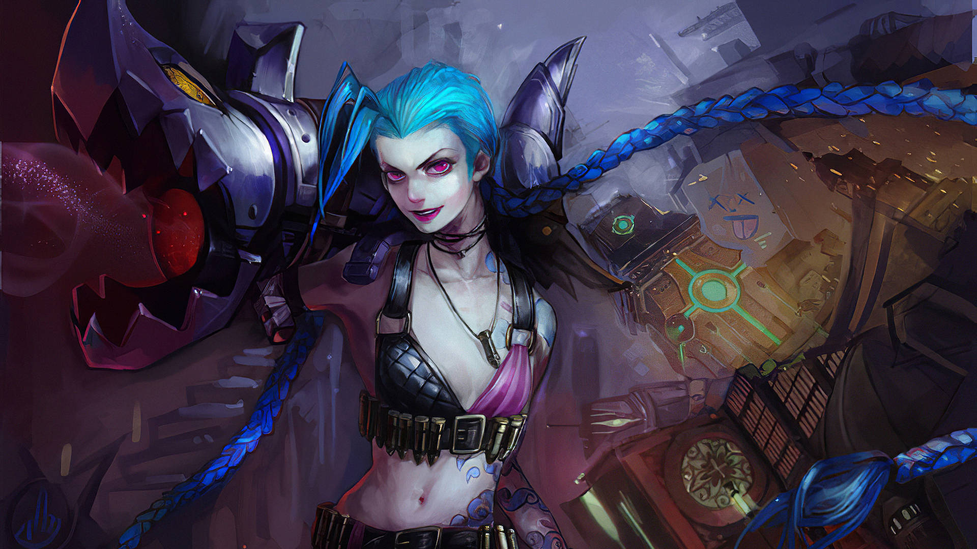 Jinx, blue-haired, mechanical wings, Full HD Desktop Wallpaper