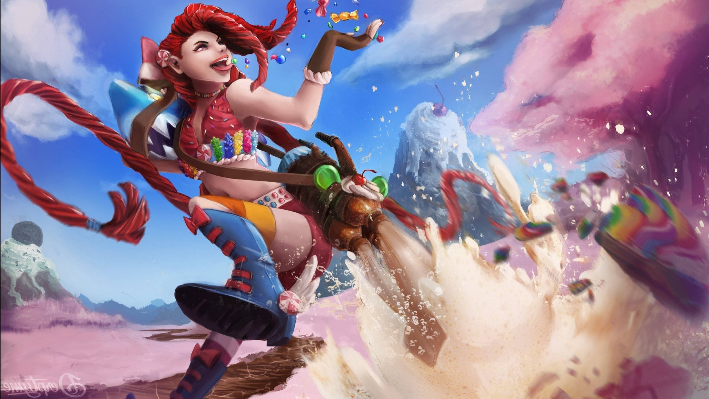 Jinx, anime girl, red hair, 2K Desktop Wallpaper