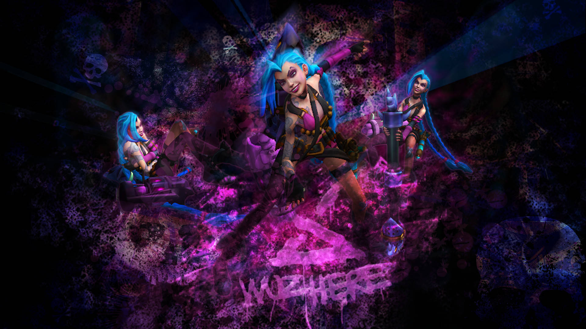 Jinx, blue hair, pink accents, Full HD Desktop Wallpaper