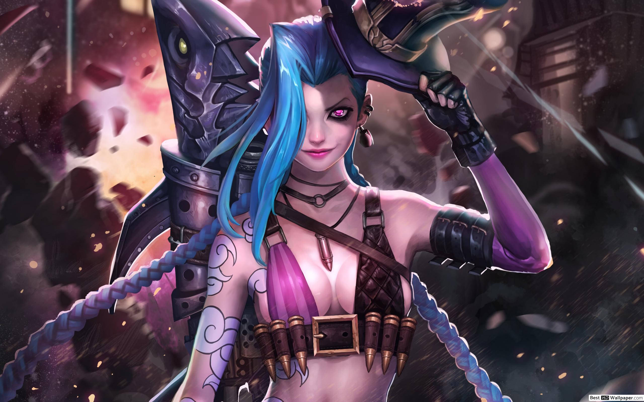 Jinx, top hat, blue-haired, 2K Desktop Wallpaper