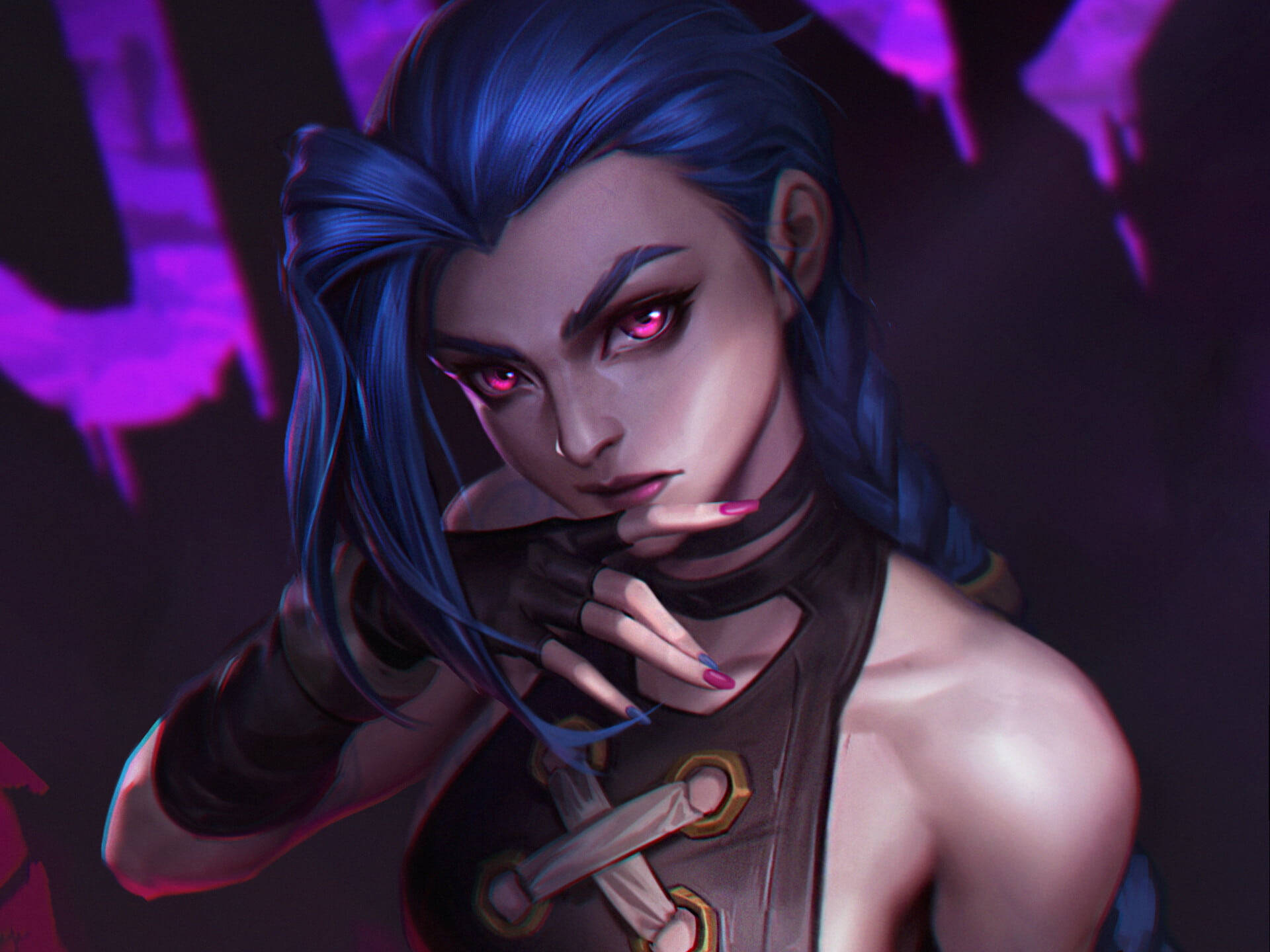 Jinx, blue hair, glowing pink eyes, Full HD Desktop Wallpaper