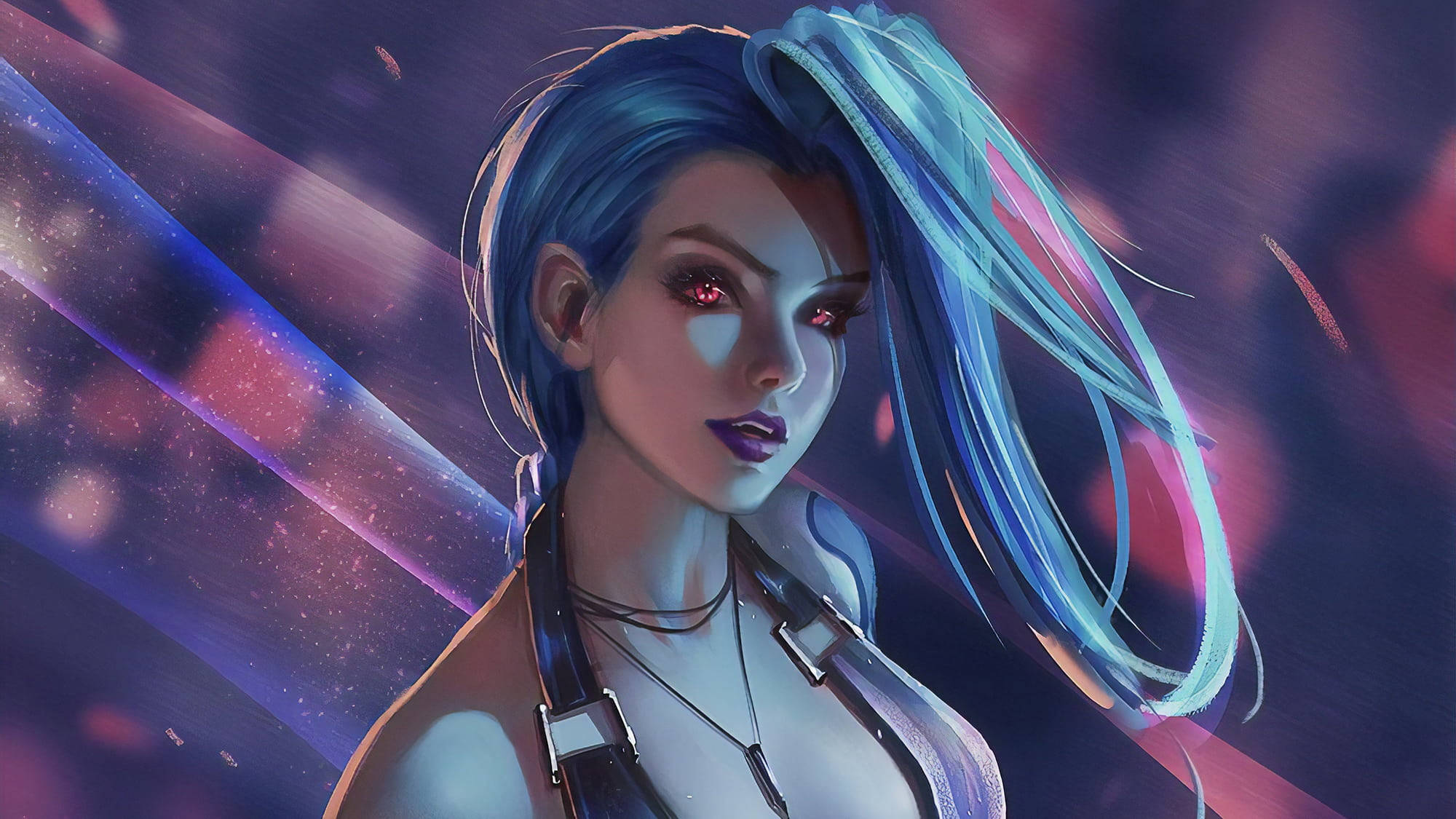Jinx, glowing red eyes, electric blue hair, Full HD Desktop Wallpaper
