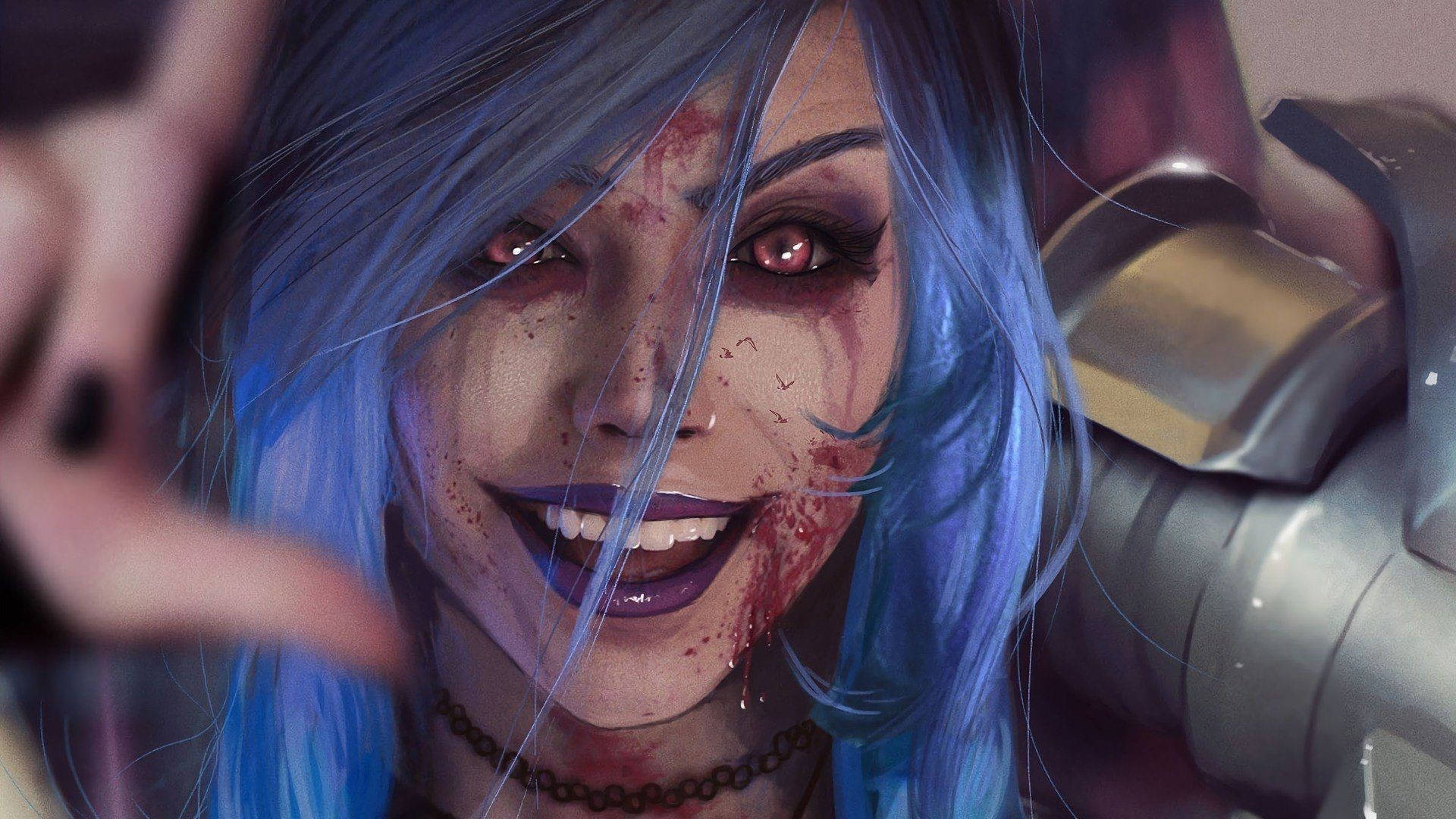 Jinx, blue-haired, bloodied face, Full HD Desktop Wallpaper