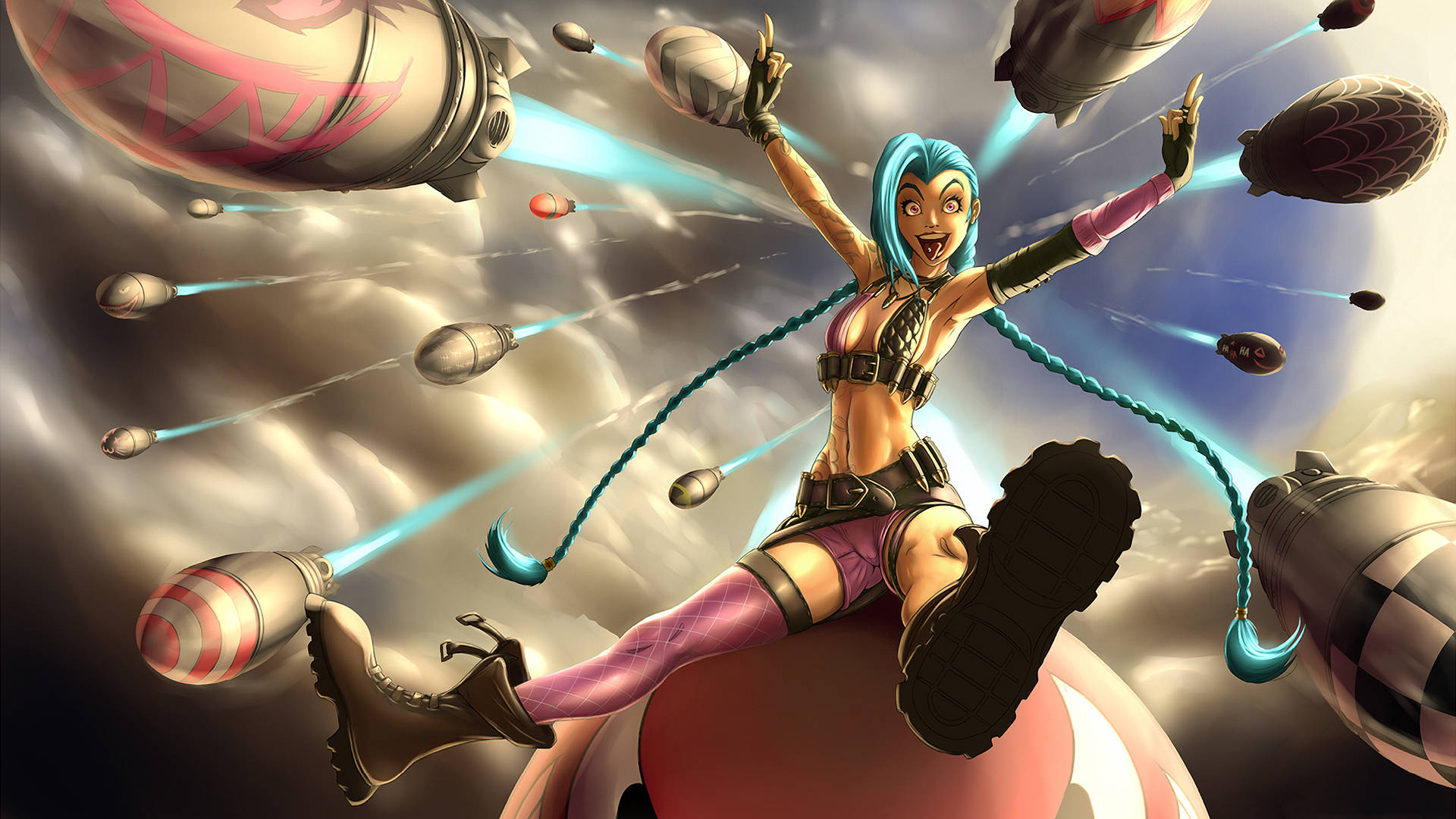 Jinx, rocket, blue hair, Full HD Desktop Wallpaper