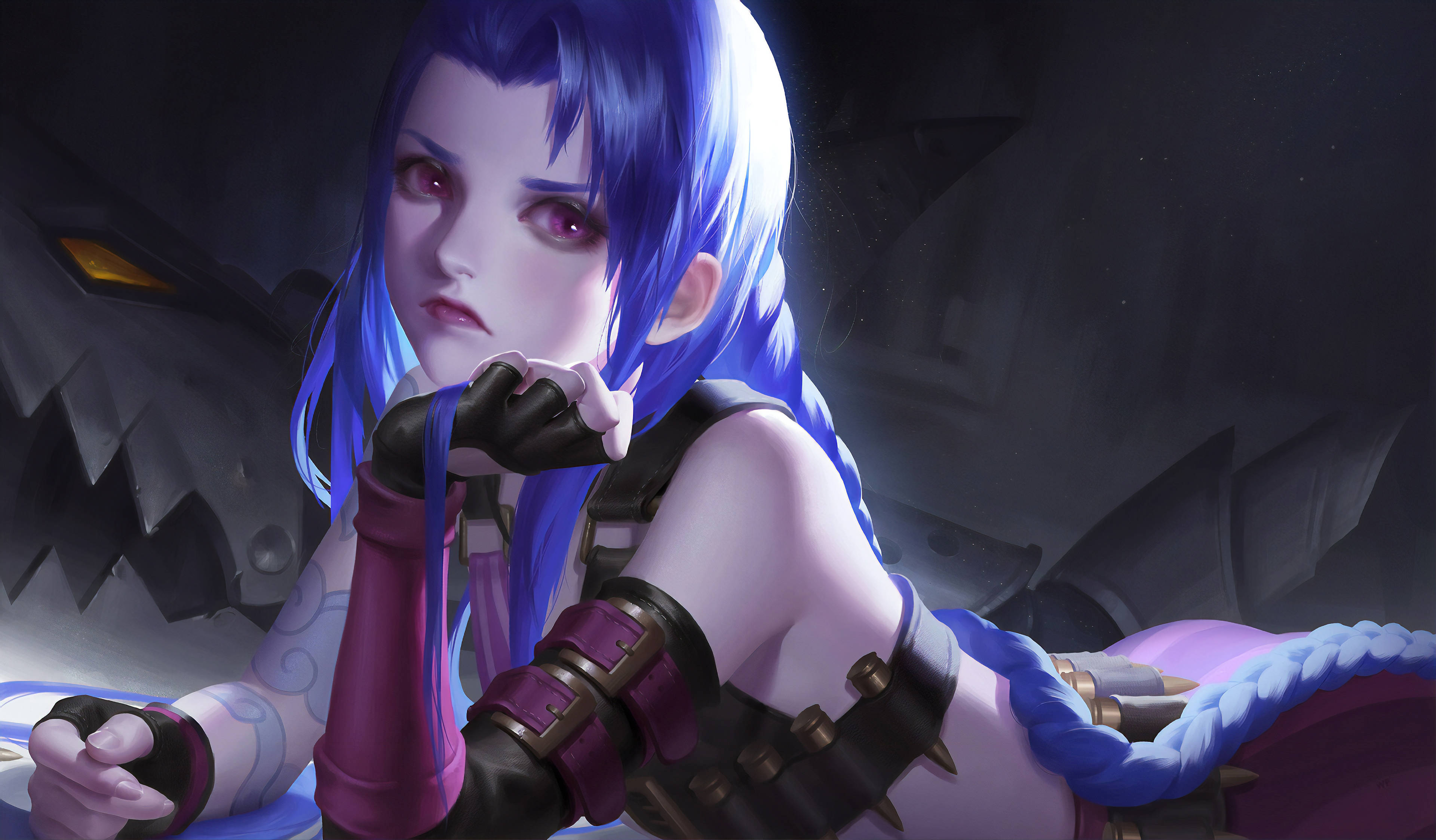 Jinx, blue-haired, red eyes, 4K Desktop Wallpaper