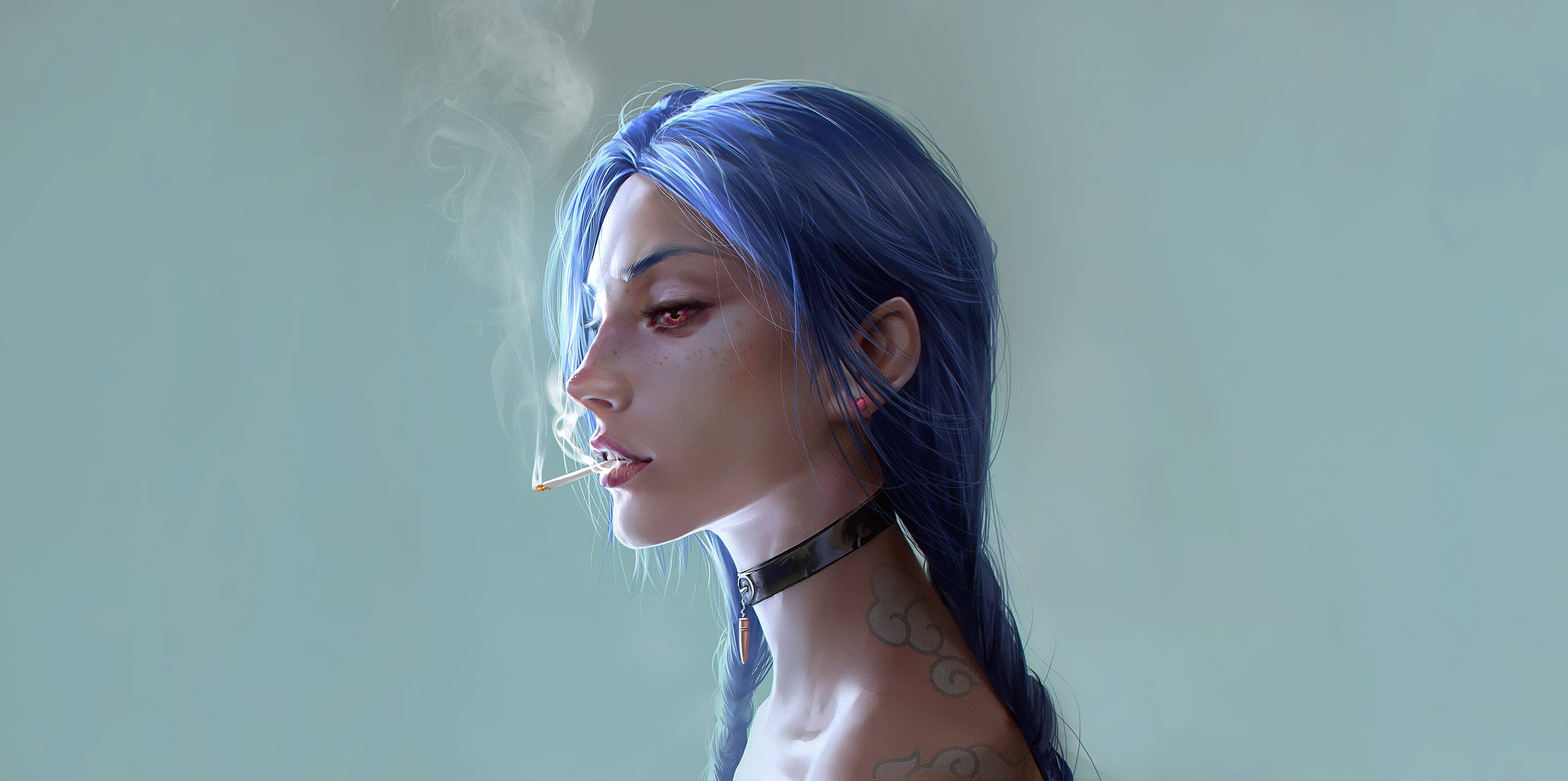 Jinx, blue hair, cigarette, 4K Desktop Wallpaper