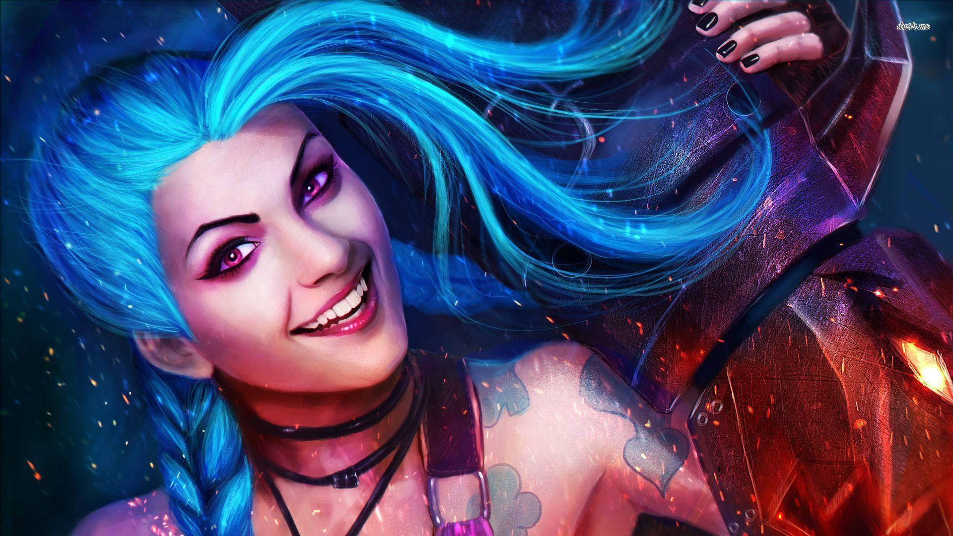 Jinx, electric blue hair, glowing eyes, Full HD Desktop Wallpaper