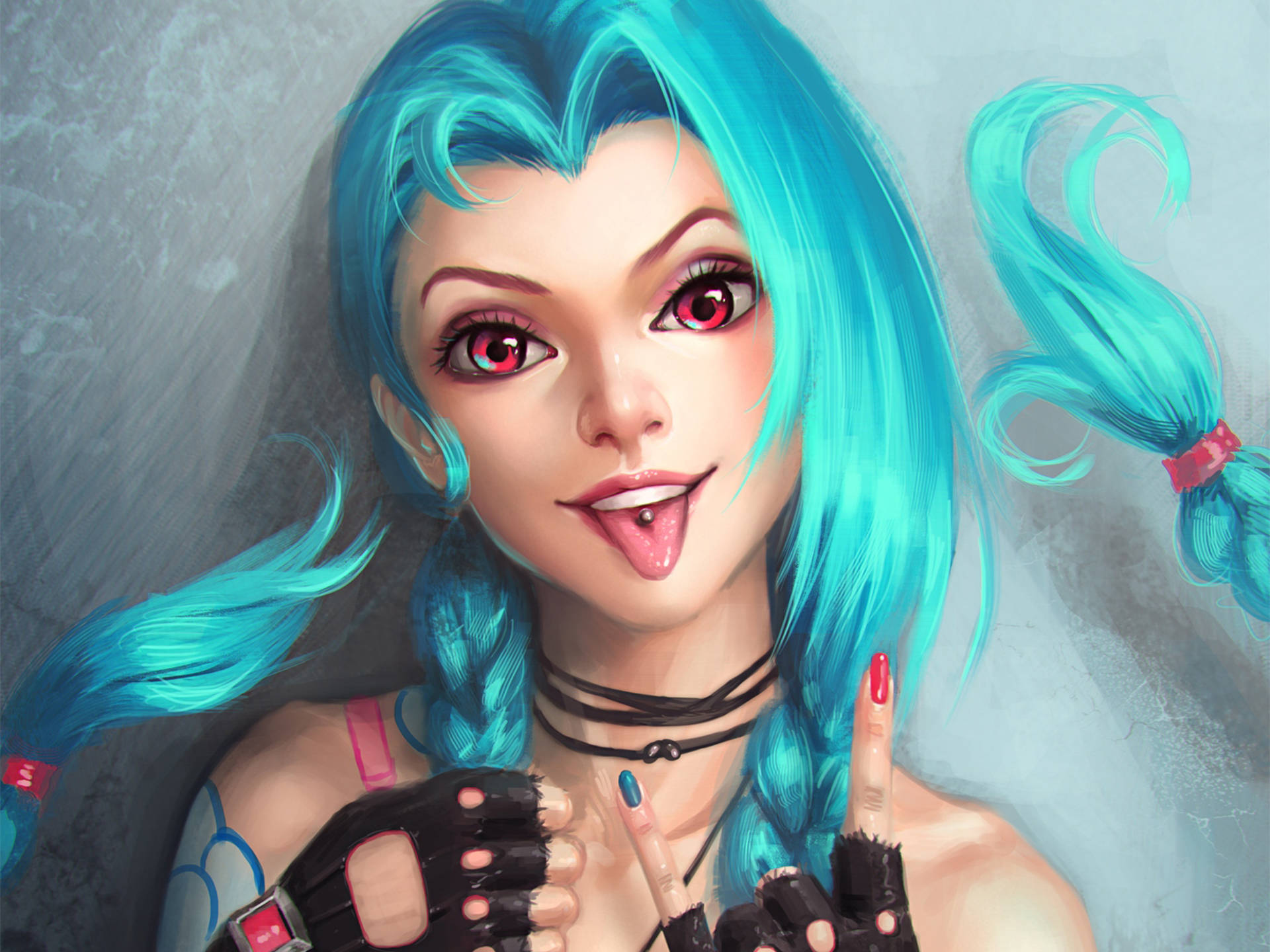 Jinx, turquoise pigtails, red eyes, Full HD Desktop Wallpaper